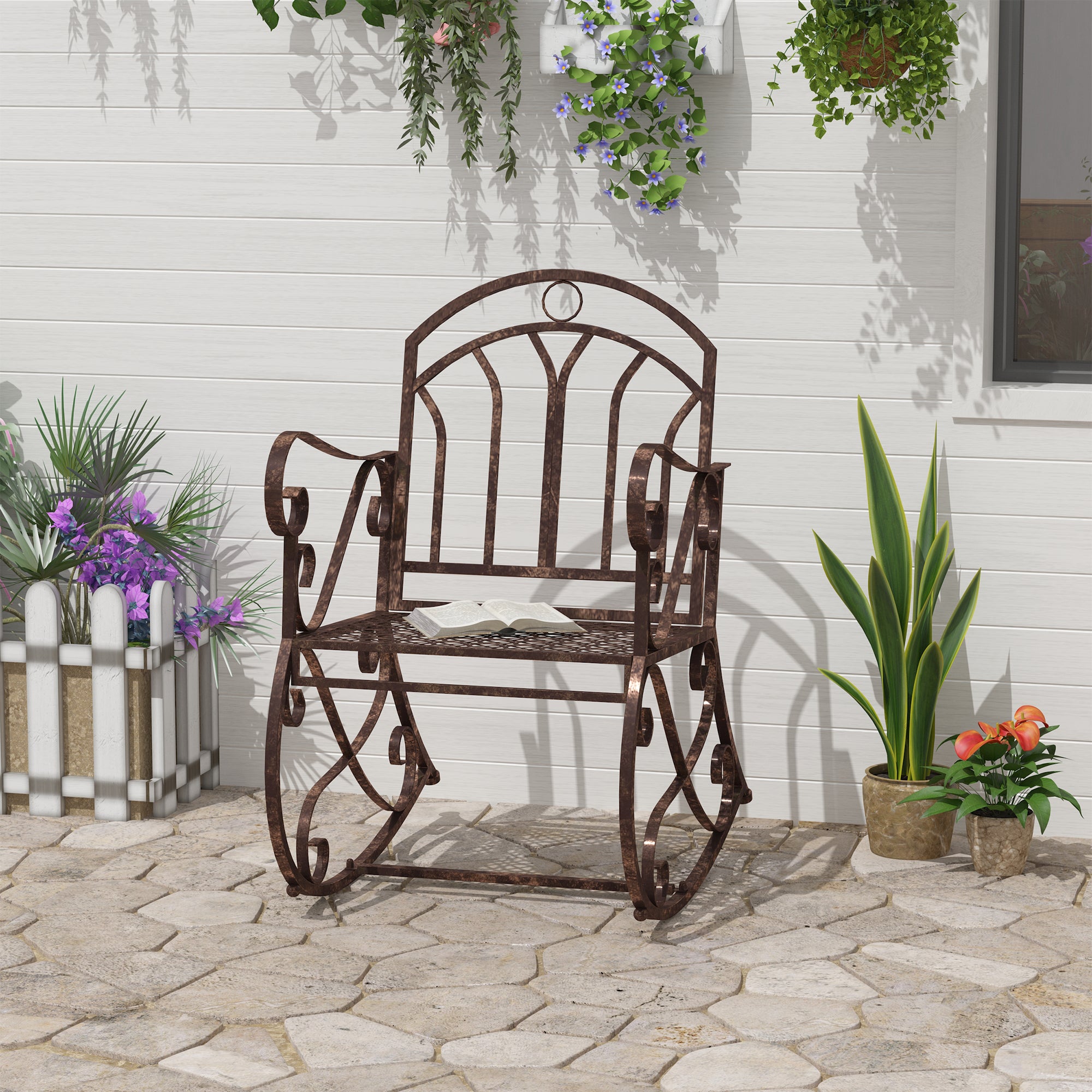 Metal Single Rocking Chair 1 Seater Garden Vintage Style - Bronze