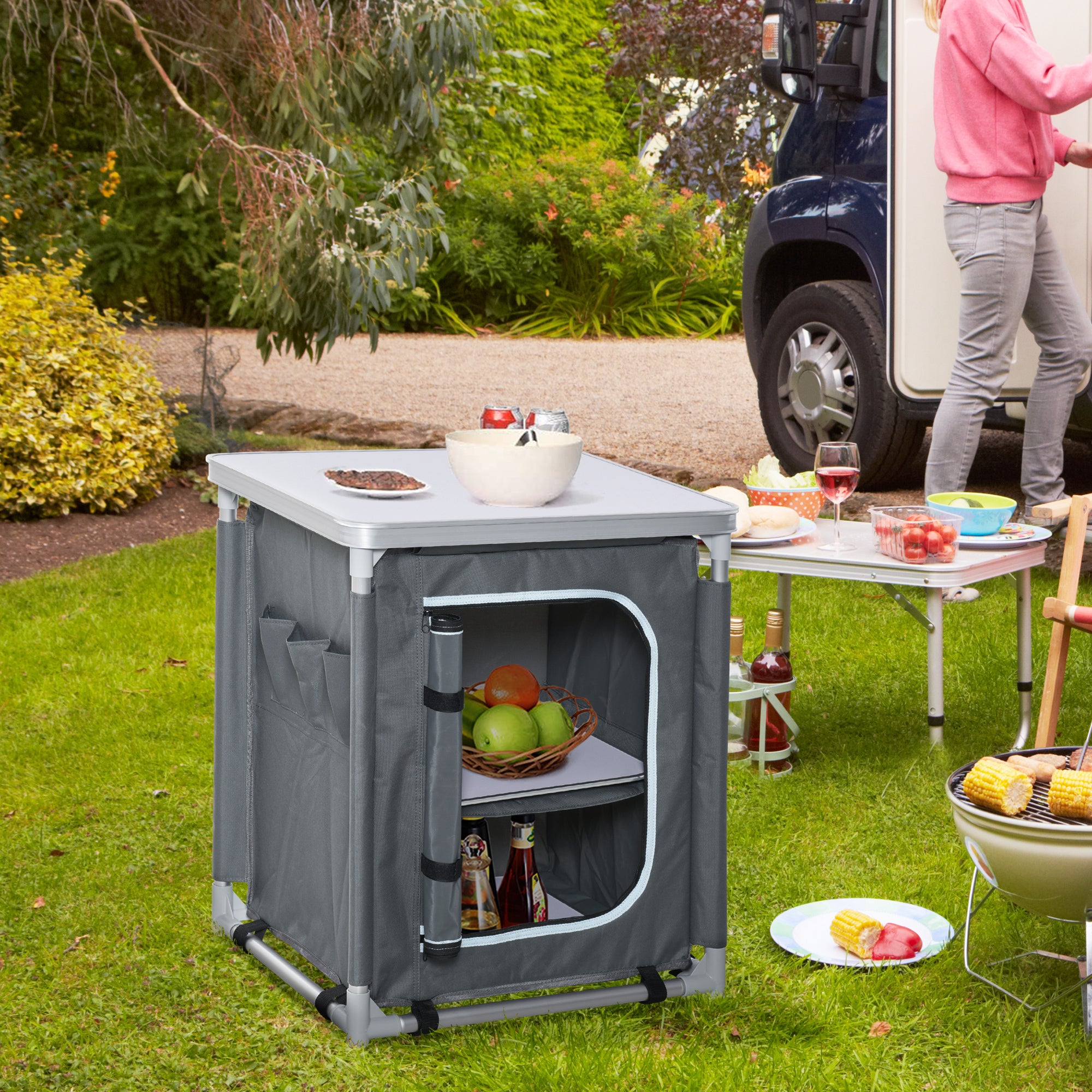 Portable Aluminium Camping Kitchen Station with Shelves - Silver