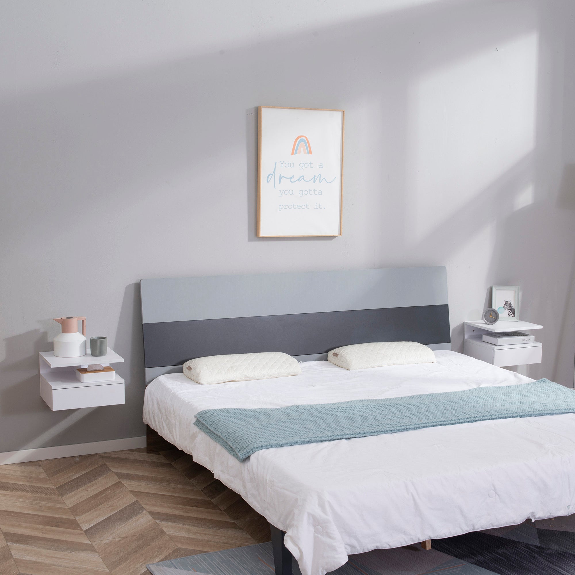 Set of 2 Floating Bedside Cabinets with Drawer and Shelf - White