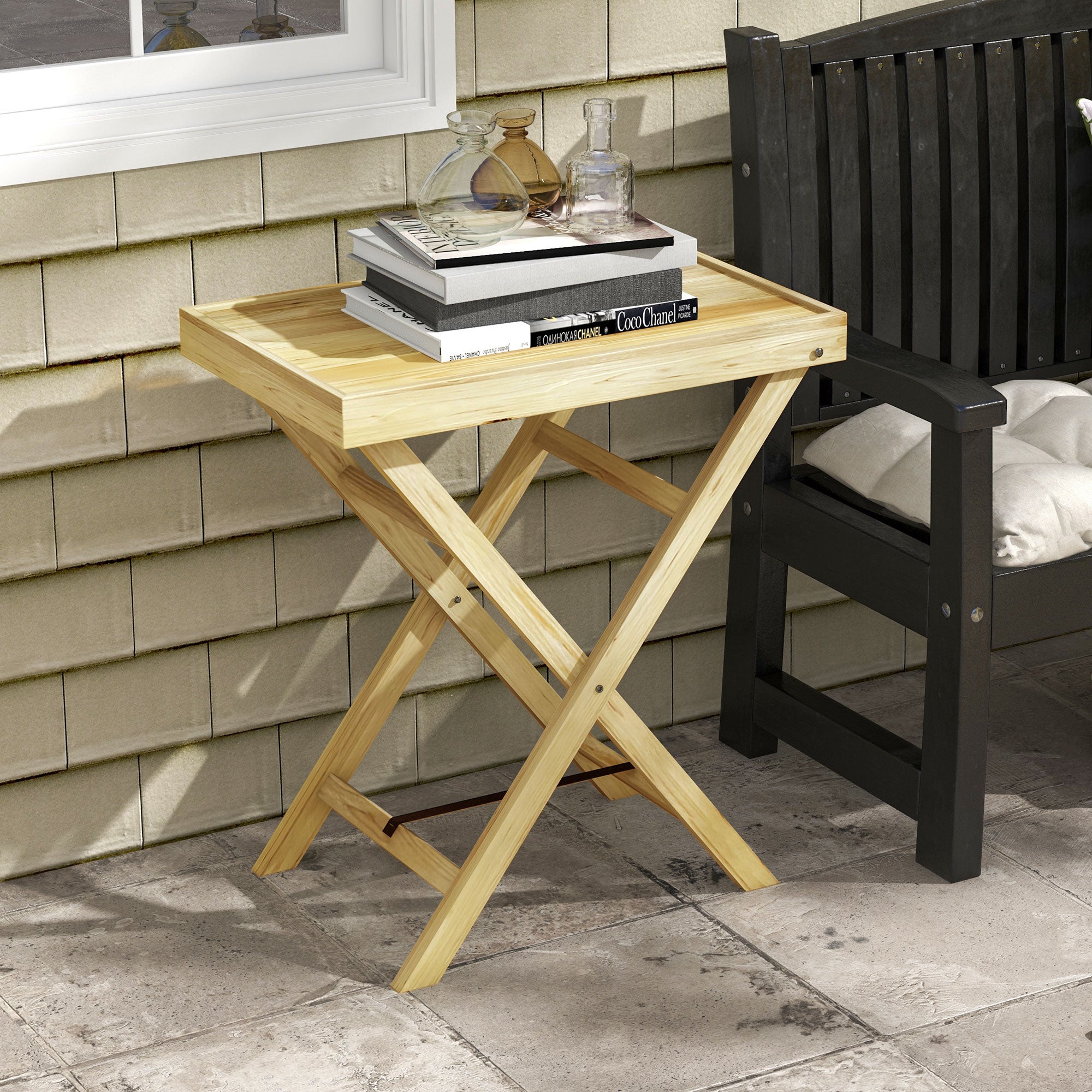 Wooden Outdoor Side Table with Raised Edges - Natural Finish