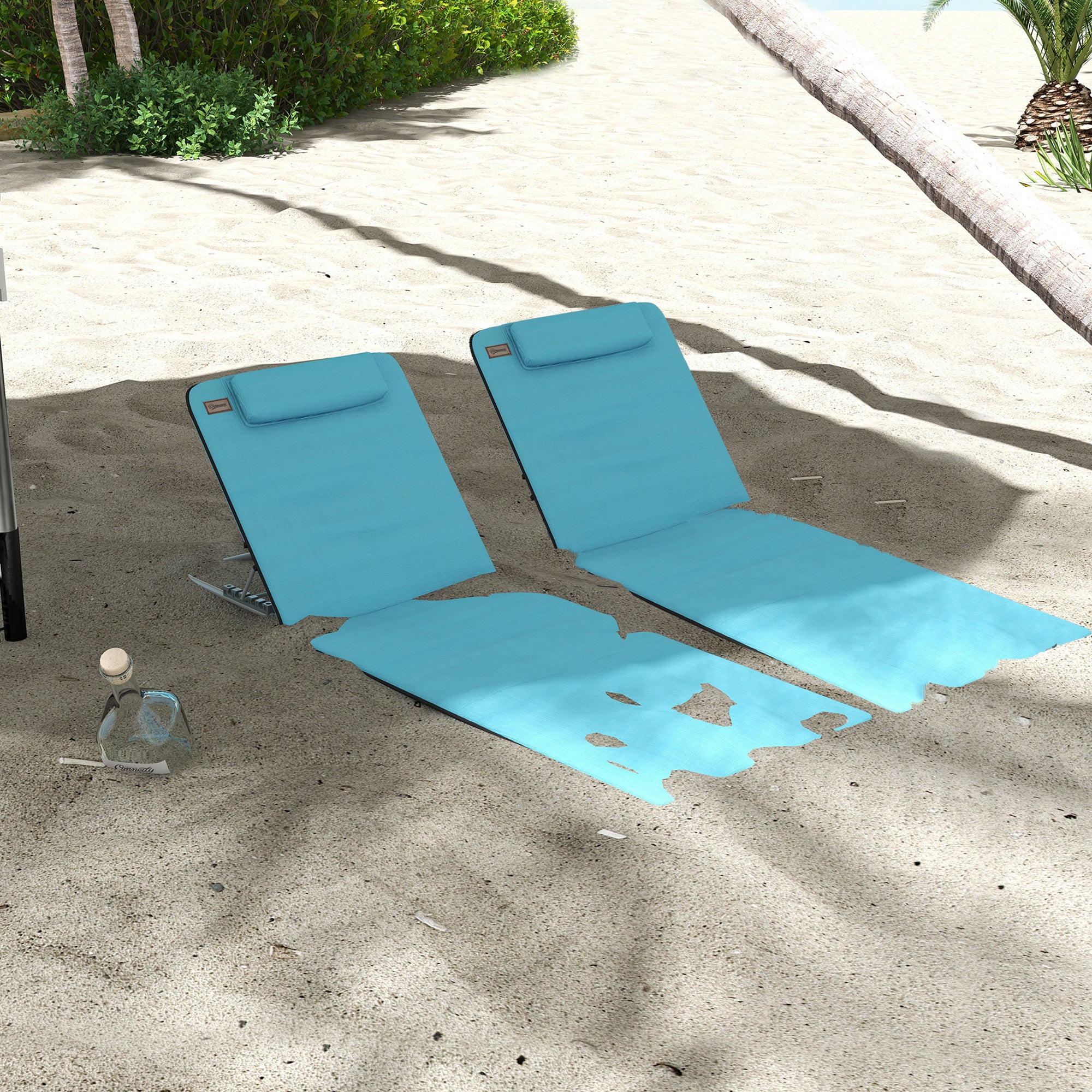 2-Piece Metal Frame Outdoor Beach Reclining Chair Set with Pillow - Light Blue