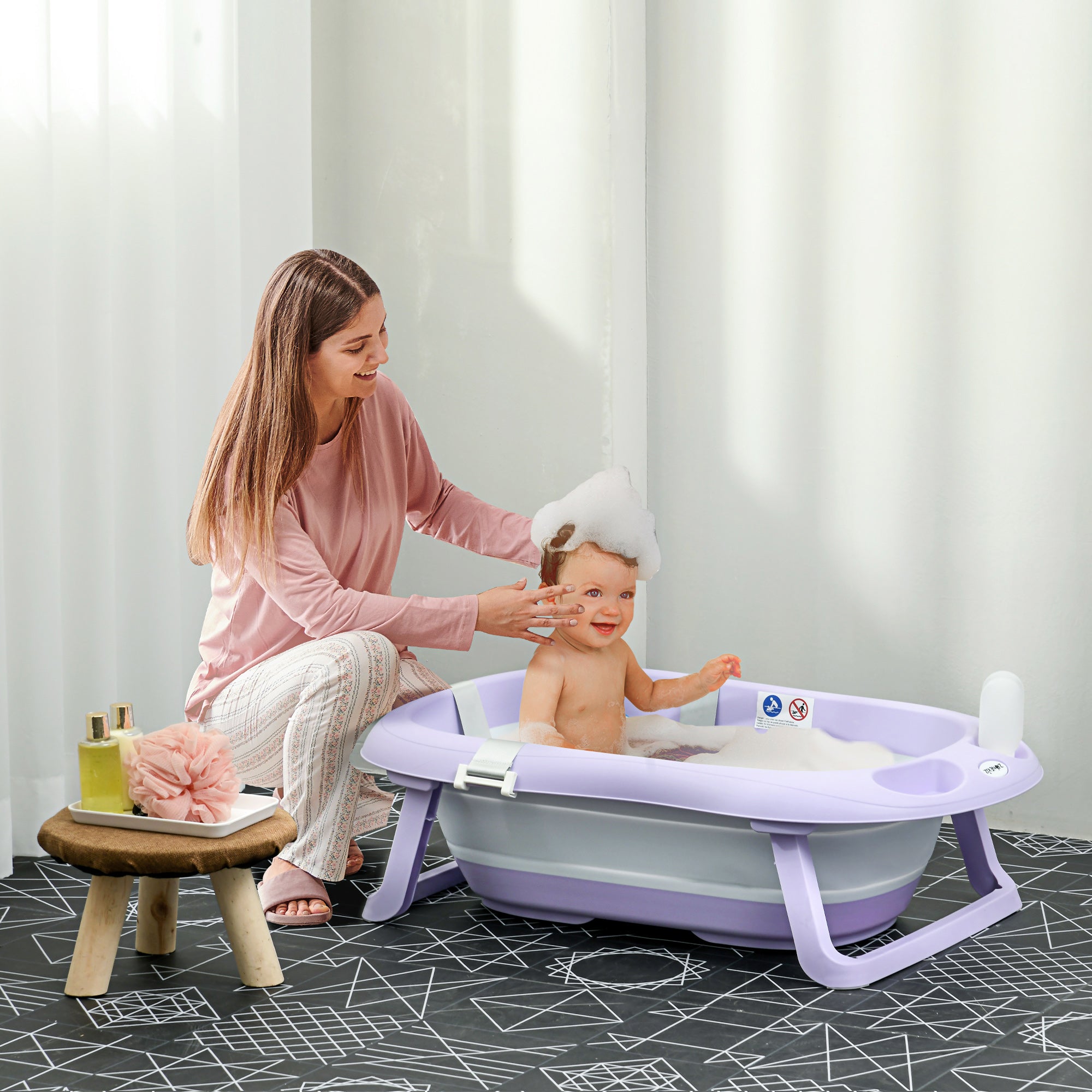Foldable Baby Bath Tub with Non-Slip Support and Cushion Pad - Purple