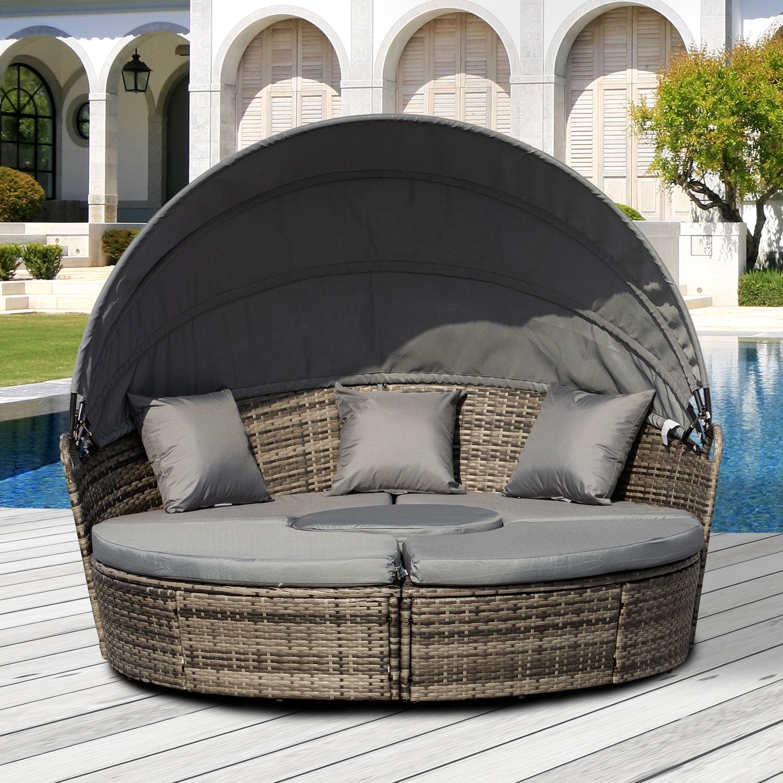 4 Piece Rattan Garden Sofa Bed Set with Cushions and Coffee Table - Grey
