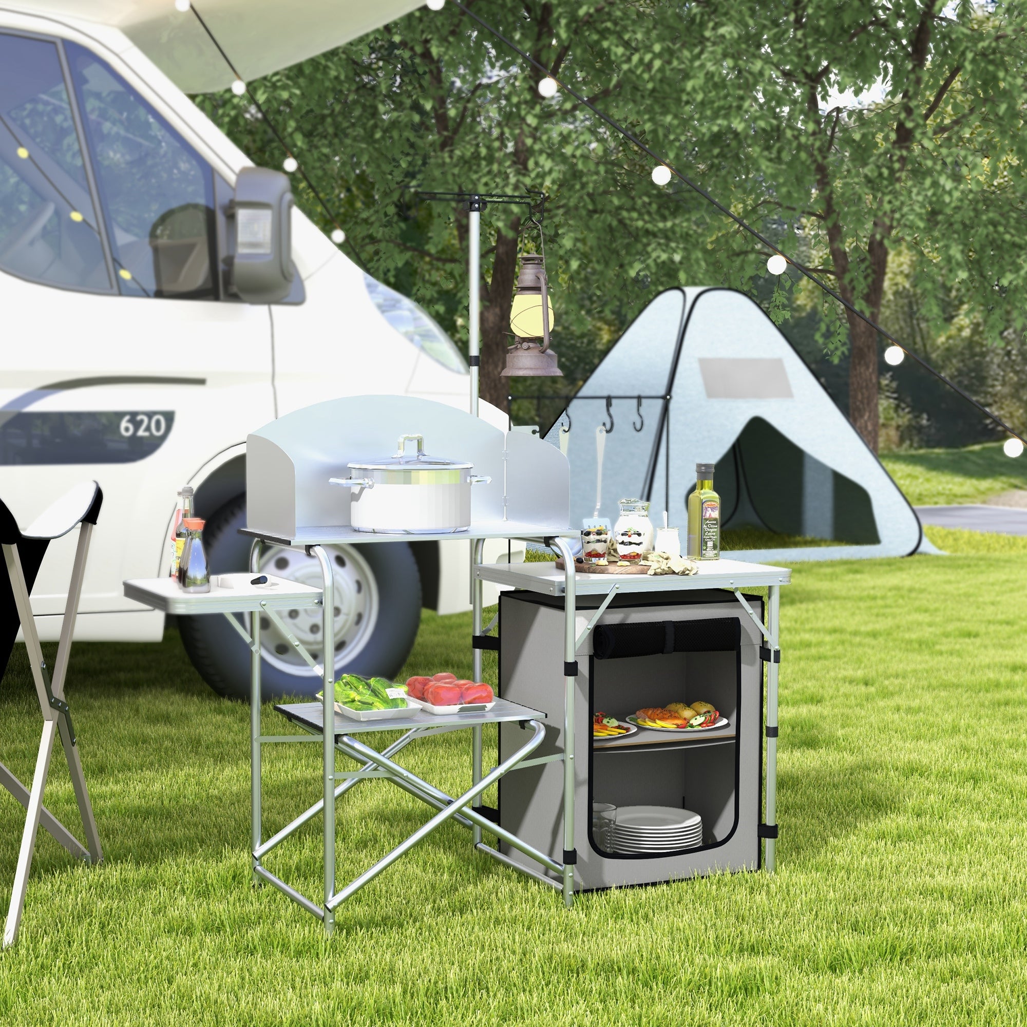 Portable Camping Kitchen Set with Storage Cupboard and Adjustable Light Stand - Silver