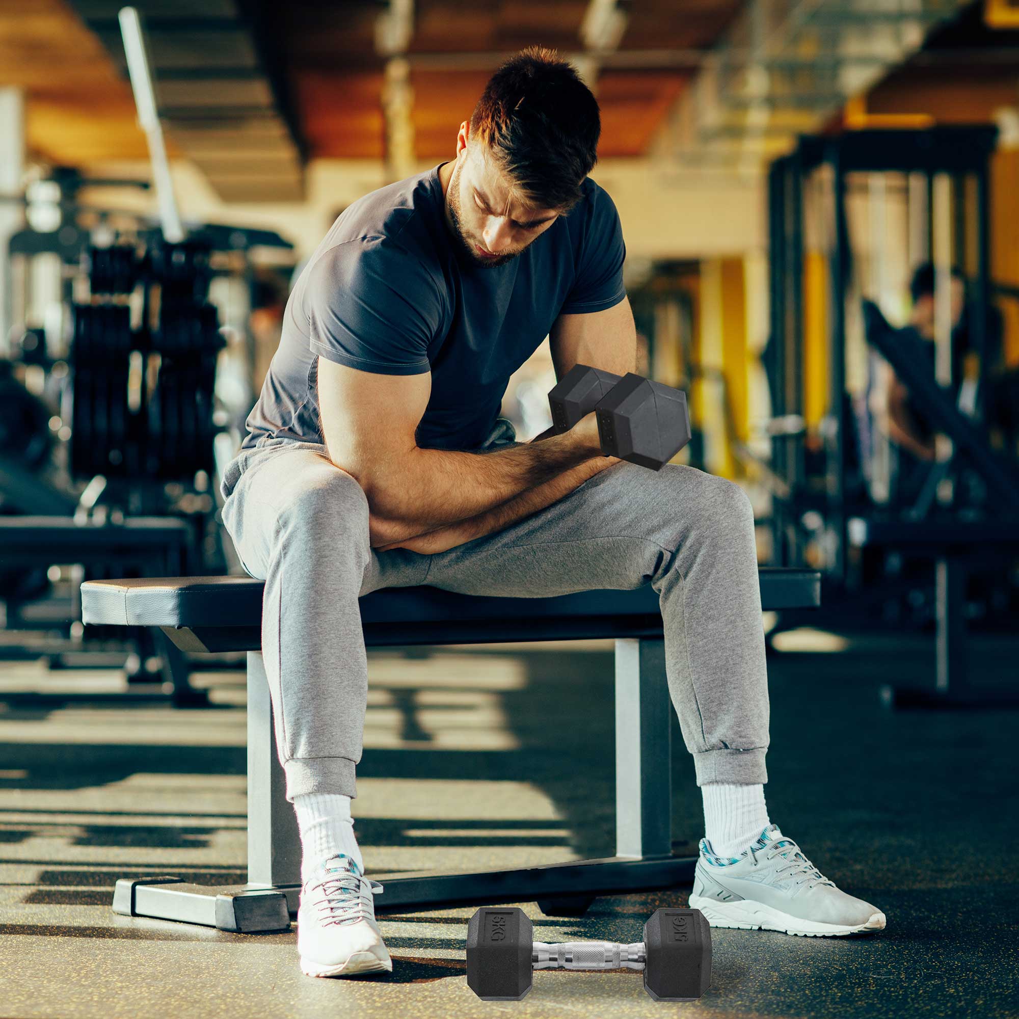 Set of 2 Rubber Hex Dumbbells 5kg - Non-Roll Fitness Weights