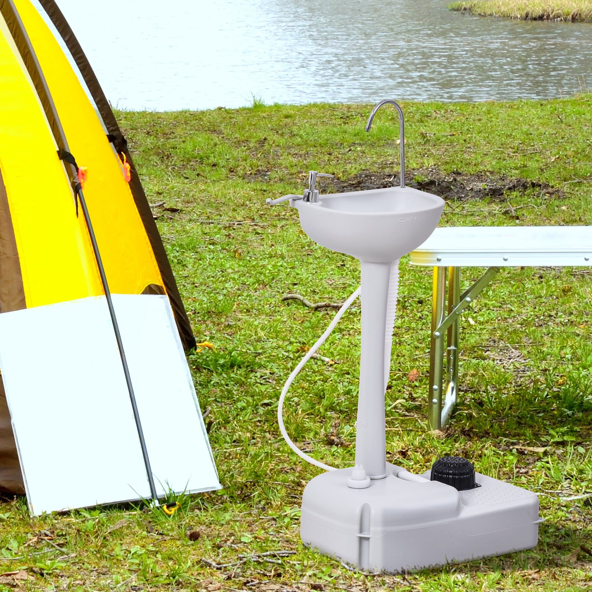 HDPE Outdoor Portable Handwash Sink with Foot Pump and Towel Holder - White