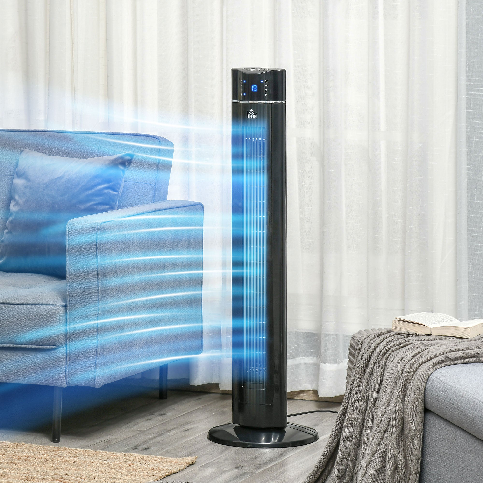 42" Anion Tower Fan with 3 Speeds, 8h Timer, Oscillation, LED Panel & Remote - Black
