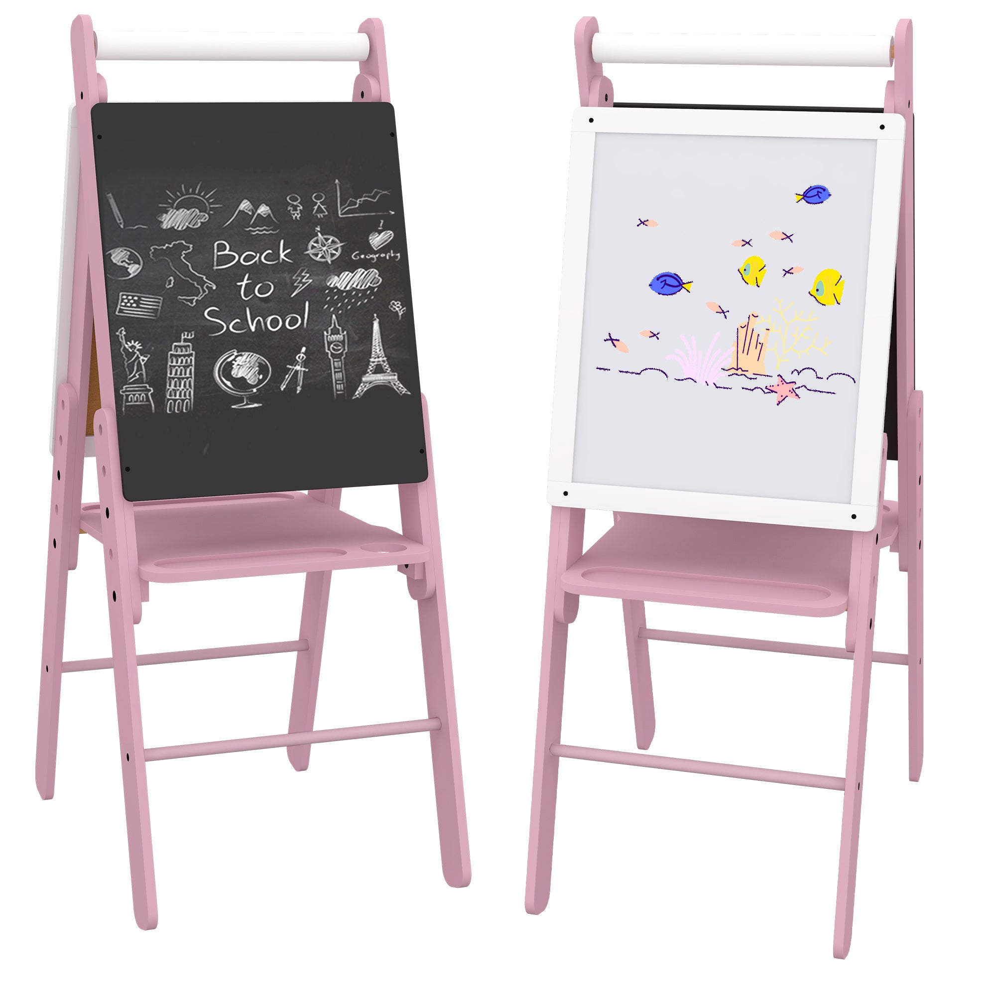 3 in 1 Kids Art Easel with Paper Roll, Adjustable Double-Sided Whiteboard & Chalkboard for Ages 3-6 - Pink White Black