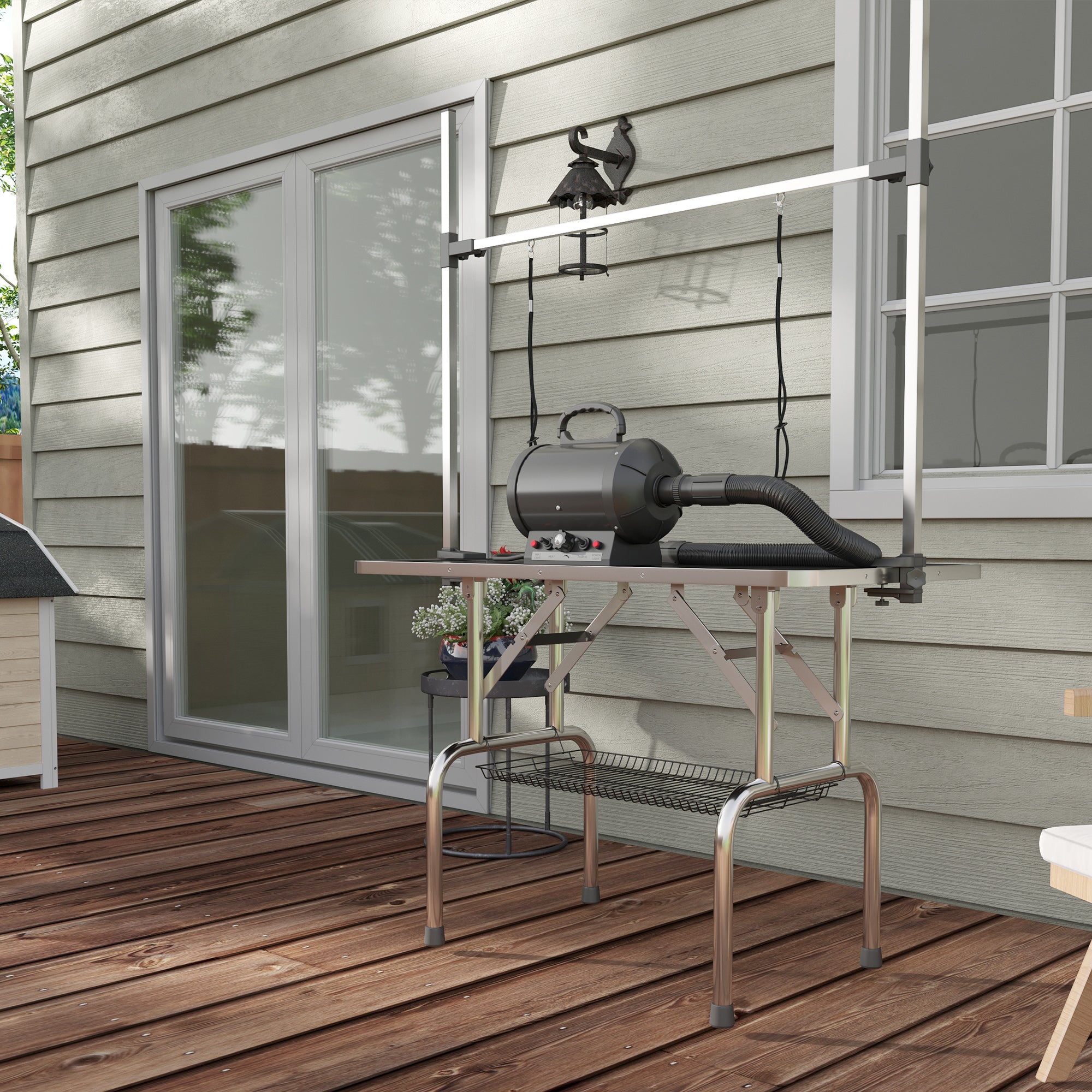 Adjustable Dog Grooming Table Rubber Top 2 Safety Slings Mesh Storage Basket Heavy Metal Black 107 x 60 x 170cm