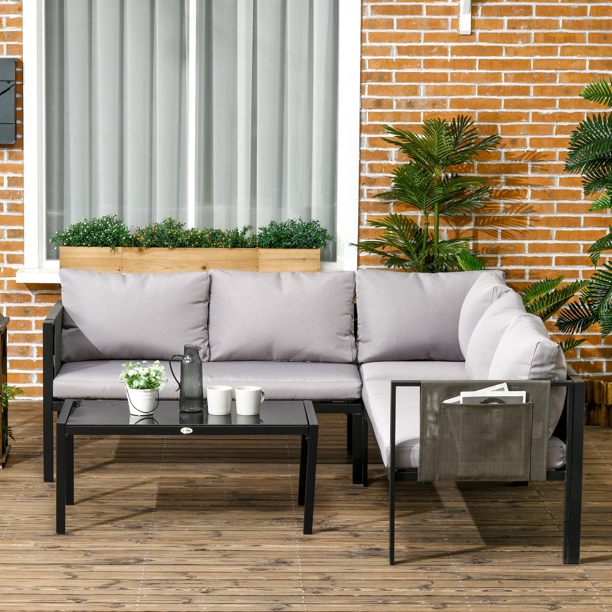 4 Piece Metal Garden Sofa Set with Tempered Glass Table - Light Grey
