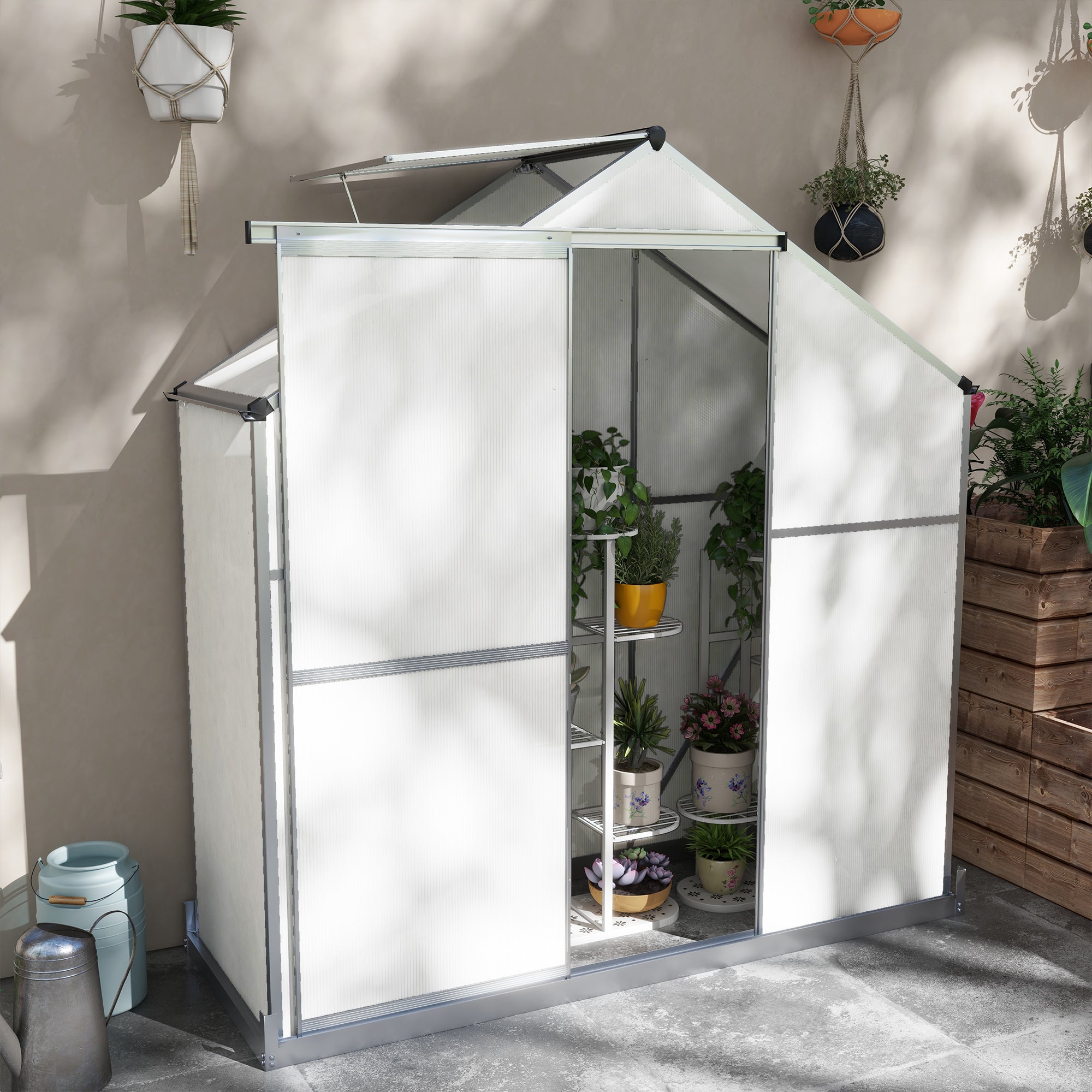 6 Foot Polycarbonate Greenhouse with Sliding Door and Rain Gutter - Silver