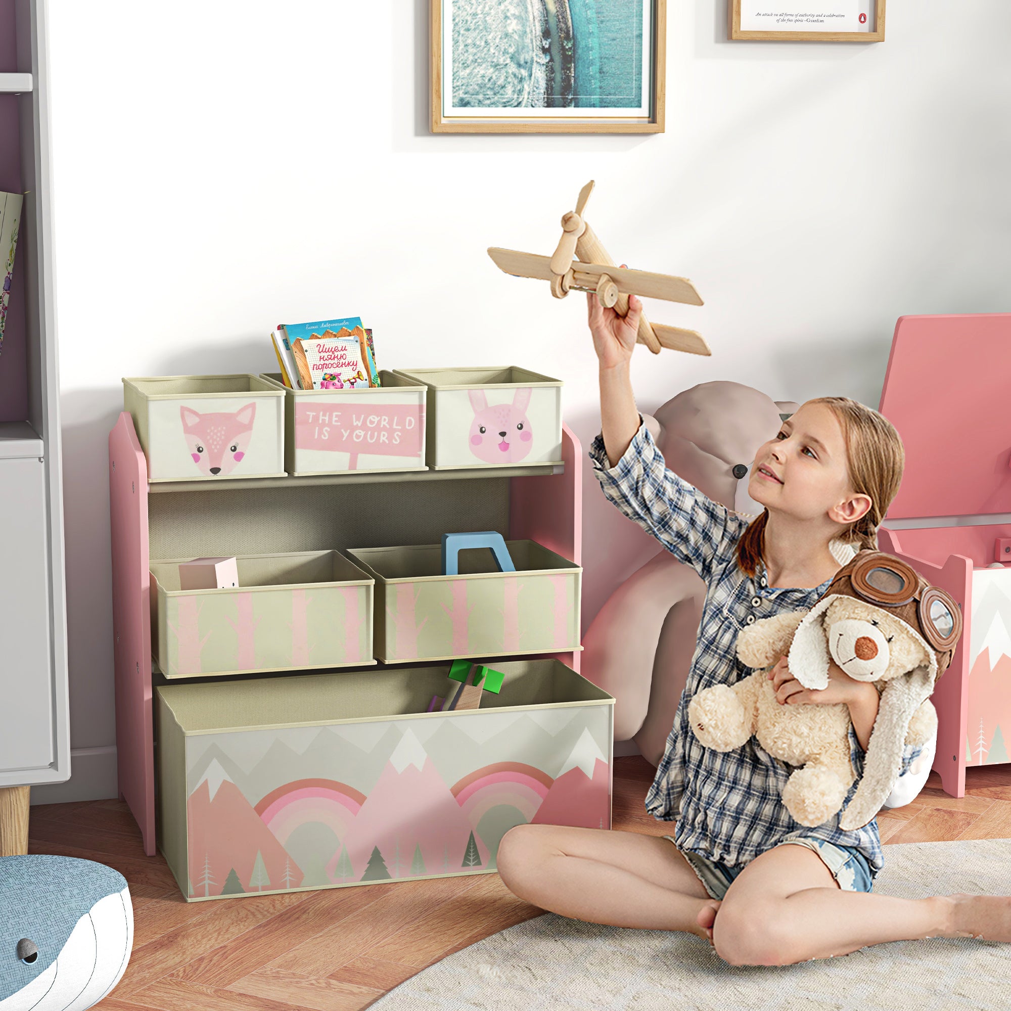 6 Piece Kids Storage Unit with Fabric Bins Toy Organiser - Pink