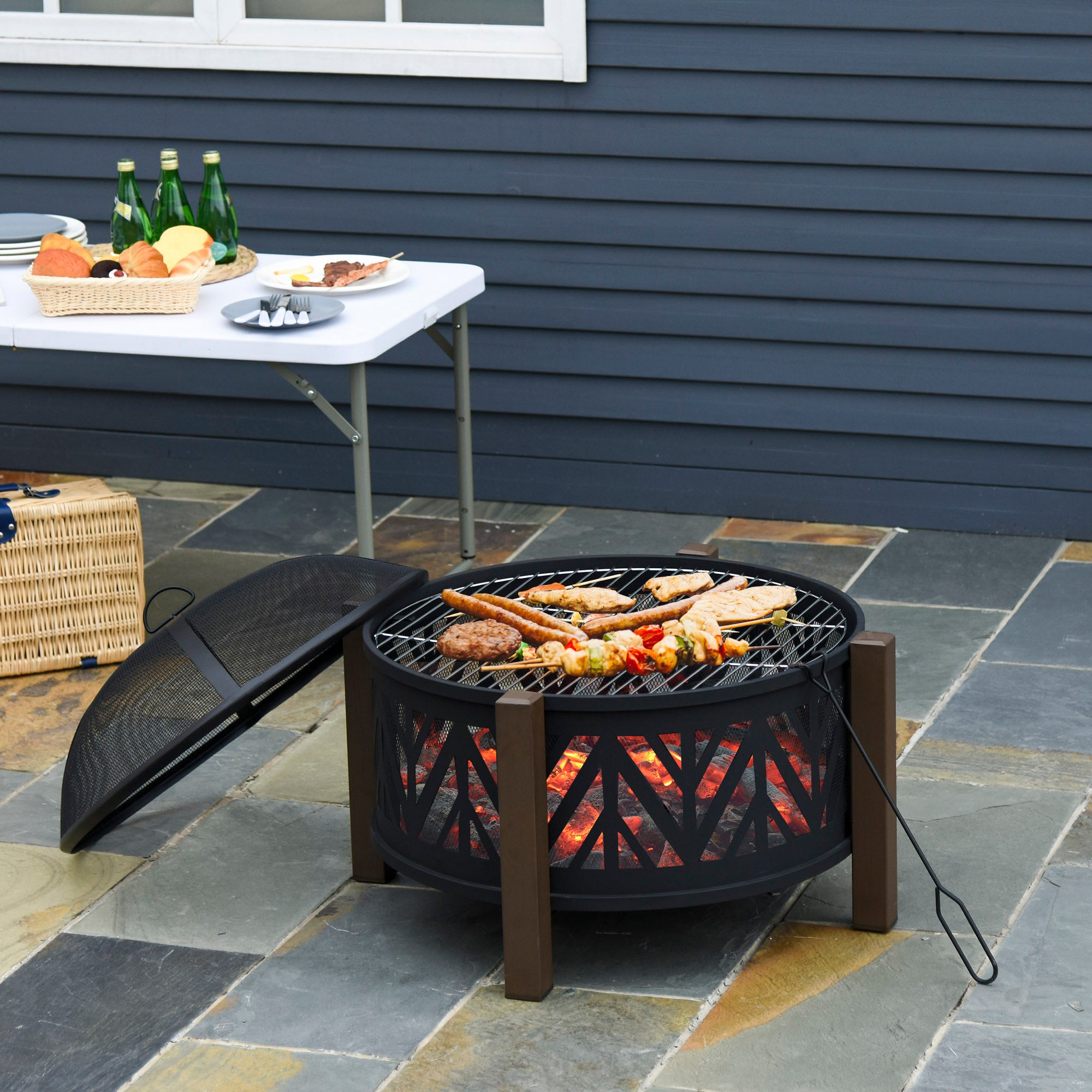 30 Inch 2-in-1 Outdoor Fire Pit and BBQ Grill Set - Black