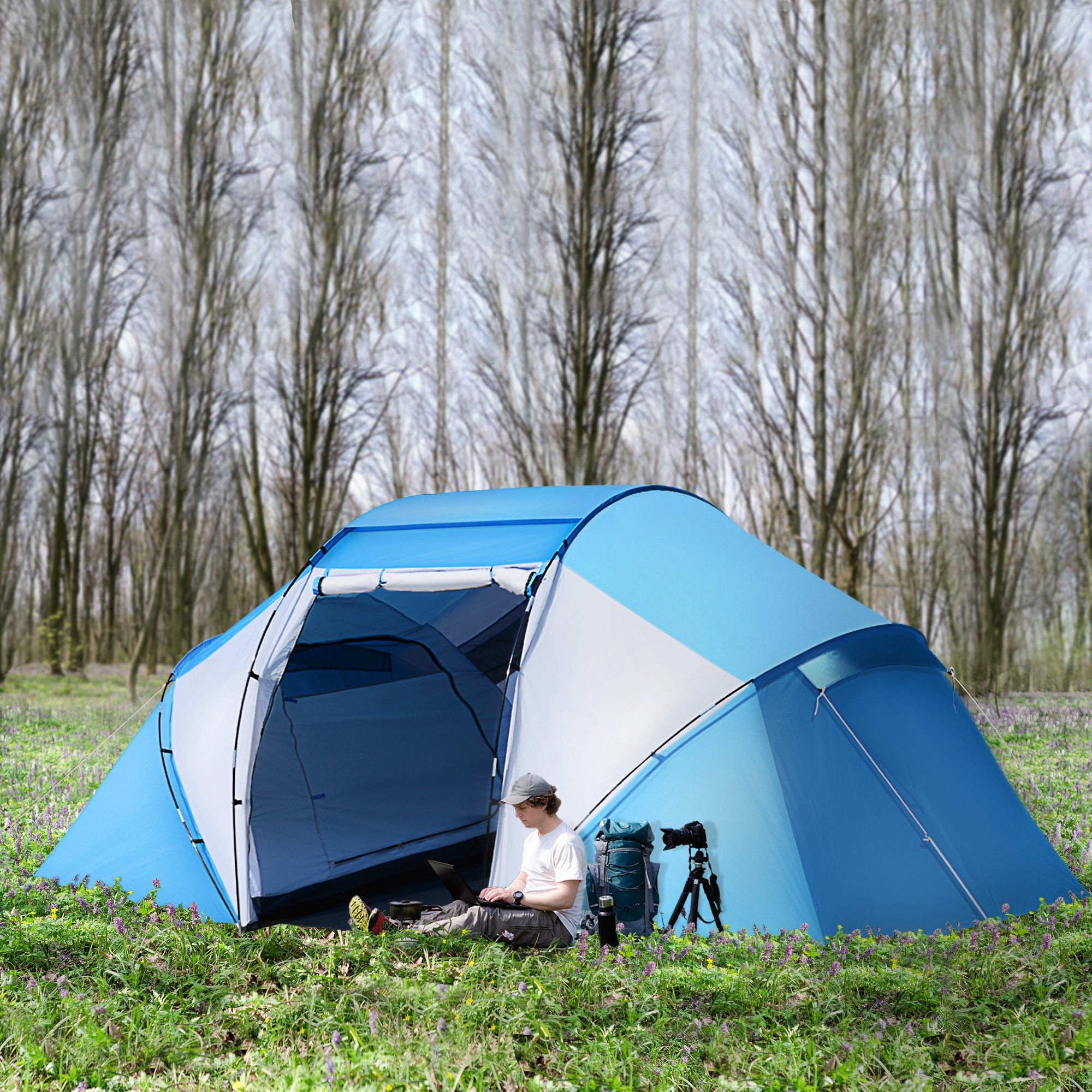 4-6 Person Waterproof Camping Tent with UV Protection - Blue and White