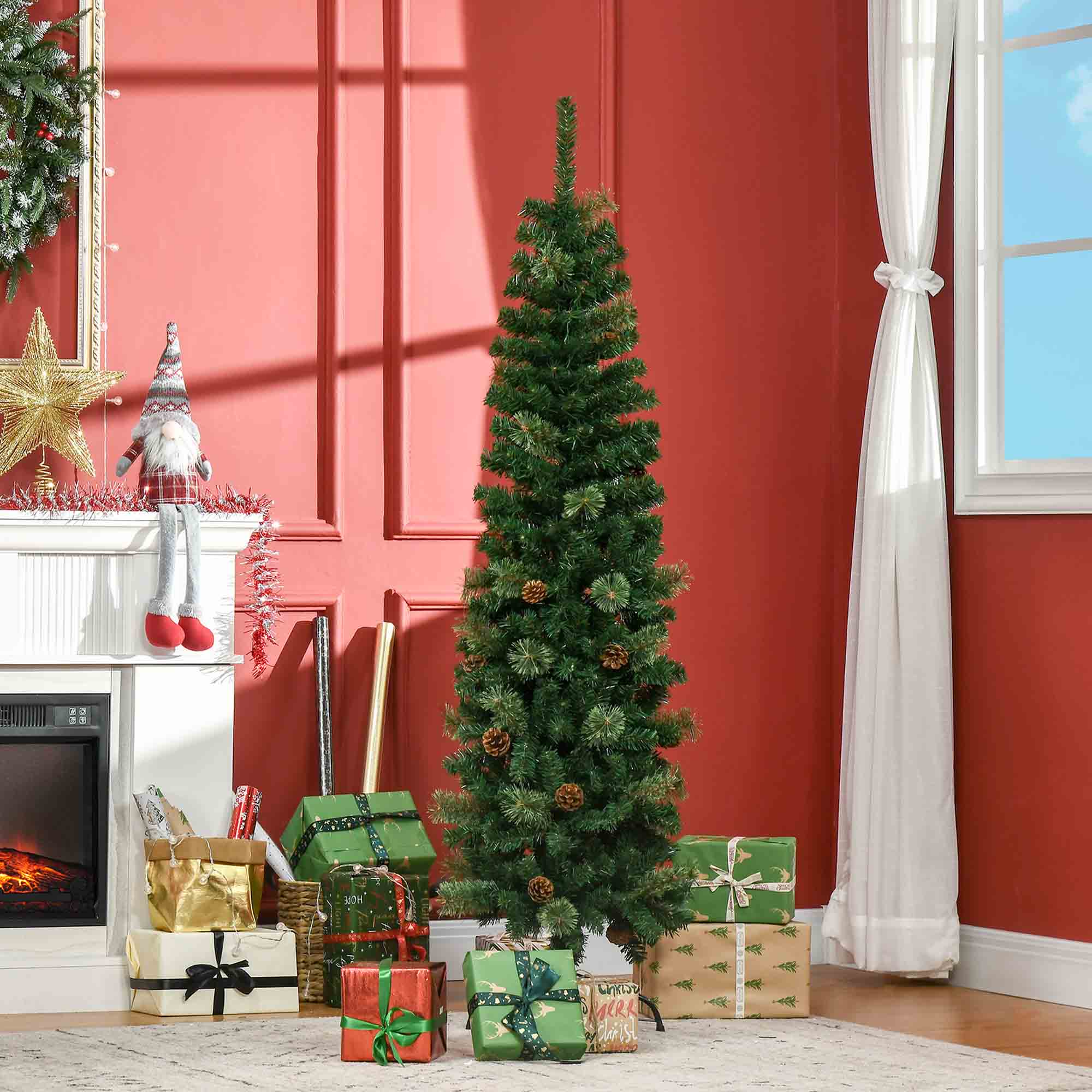 5.5' Pencil Slim Artificial Christmas Tree with 412 Tips and 21 Pine Cones - Green