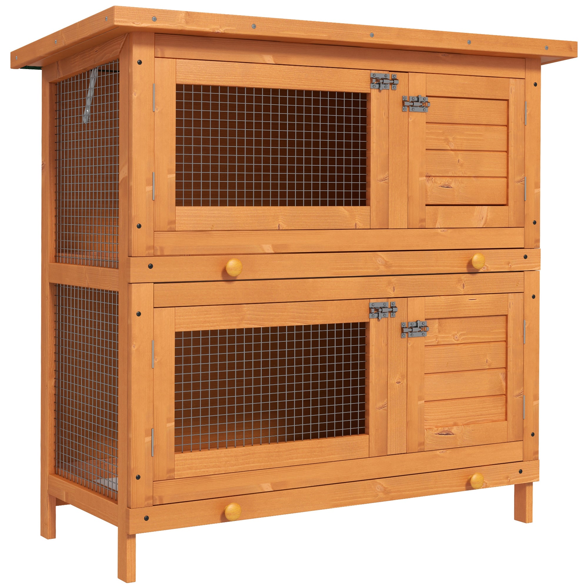 Wooden 2-Tier Rabbit Hutch with Slide-Out Tray and Hinged Roof for Indoor Use - Vintage Yellow Green