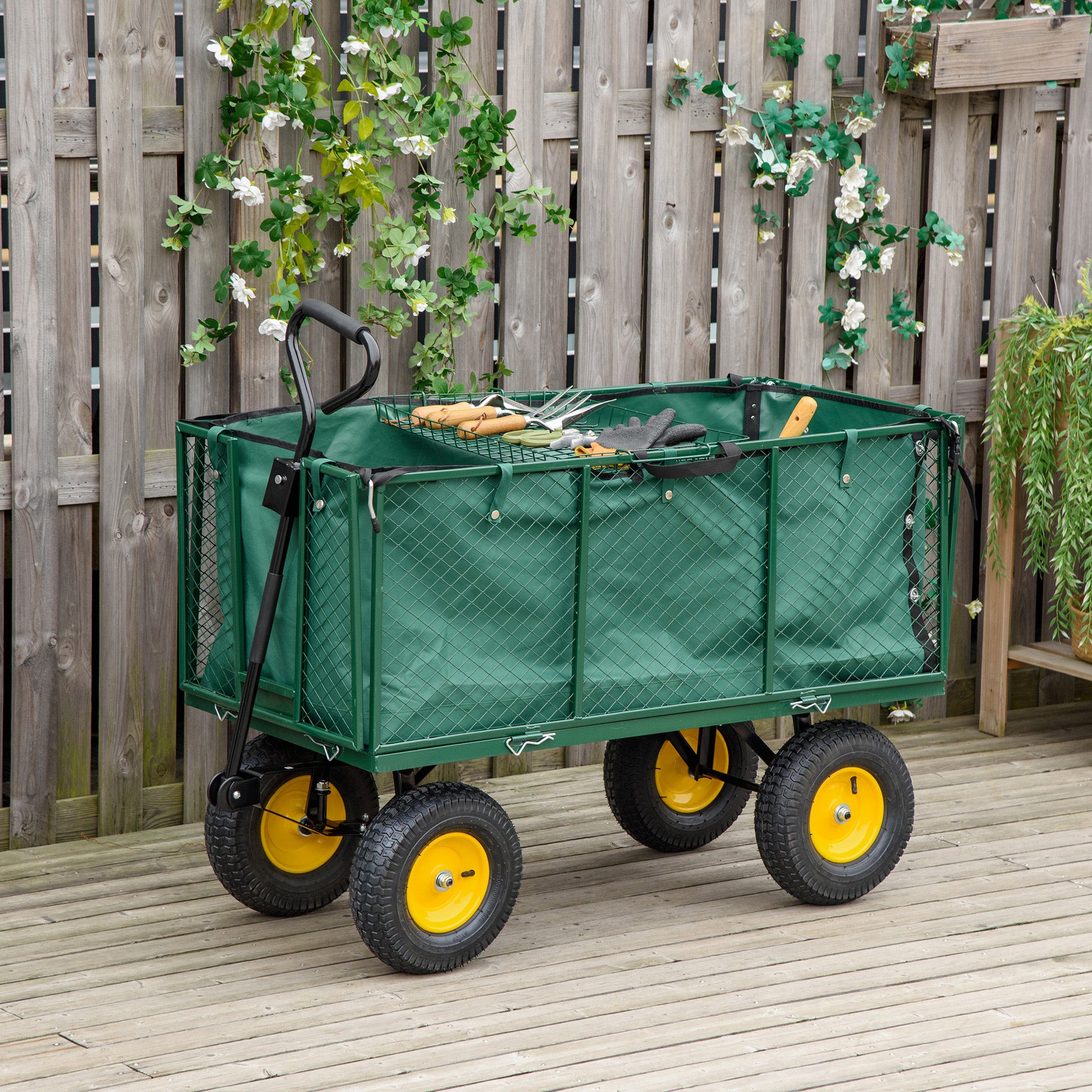 Large 4 Wheel Heavy Duty Garden Trolley Cart with Metal Frame Green