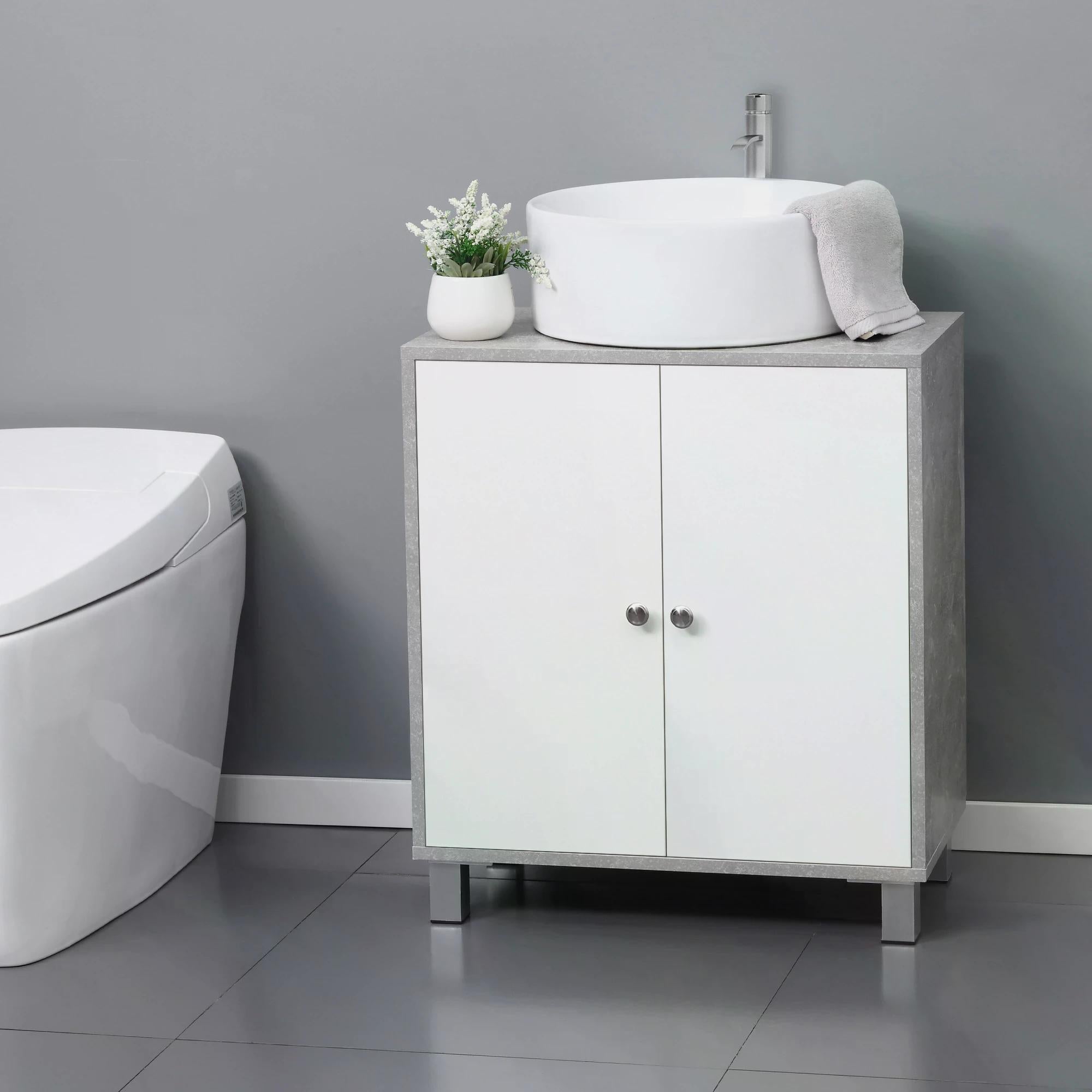 Under Sink Storage Cabinet with Adjustable Shelves - White and Grey