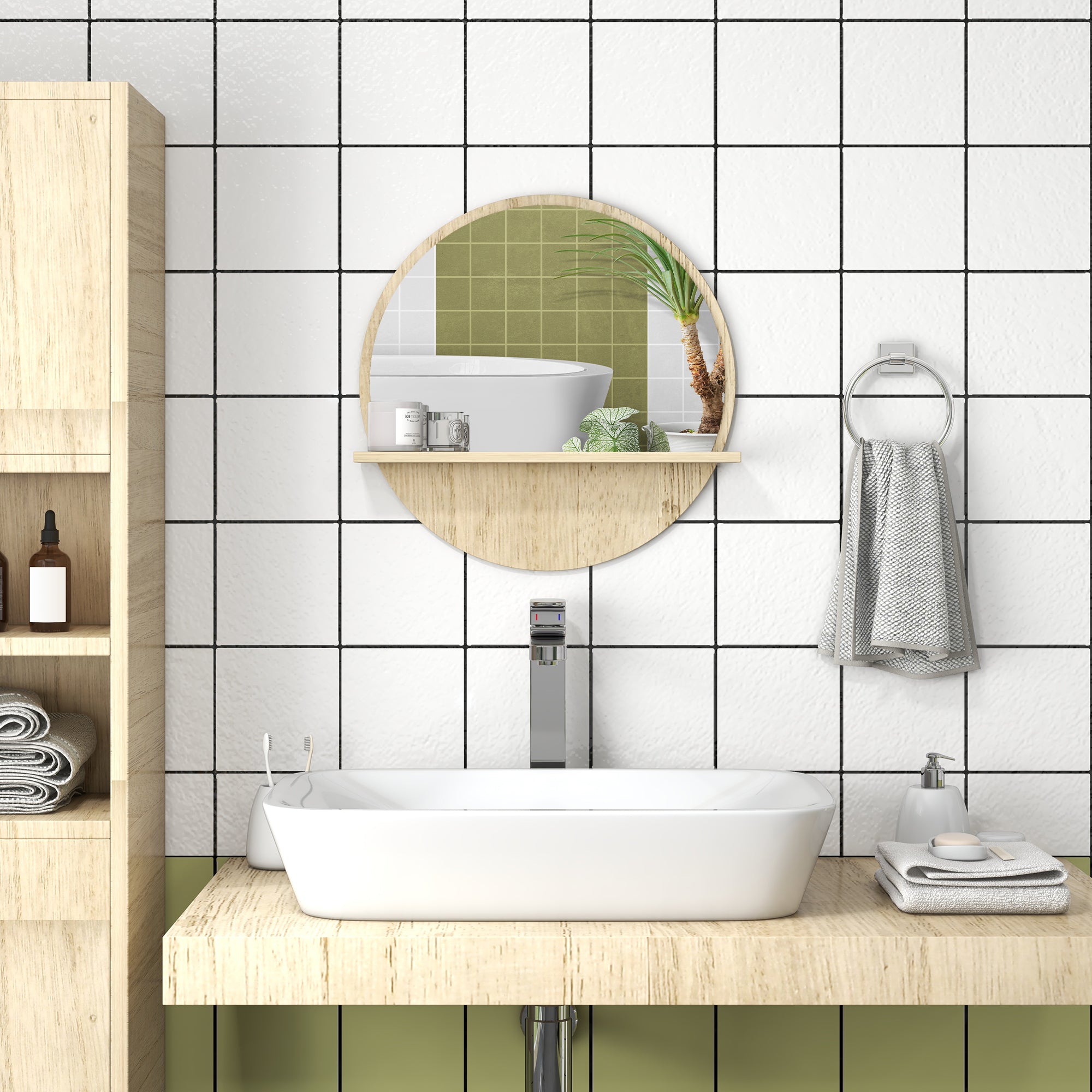 Round Wall Mounted Bathroom Mirror with Shelf for Easy Makeup - Natural Wood Effect