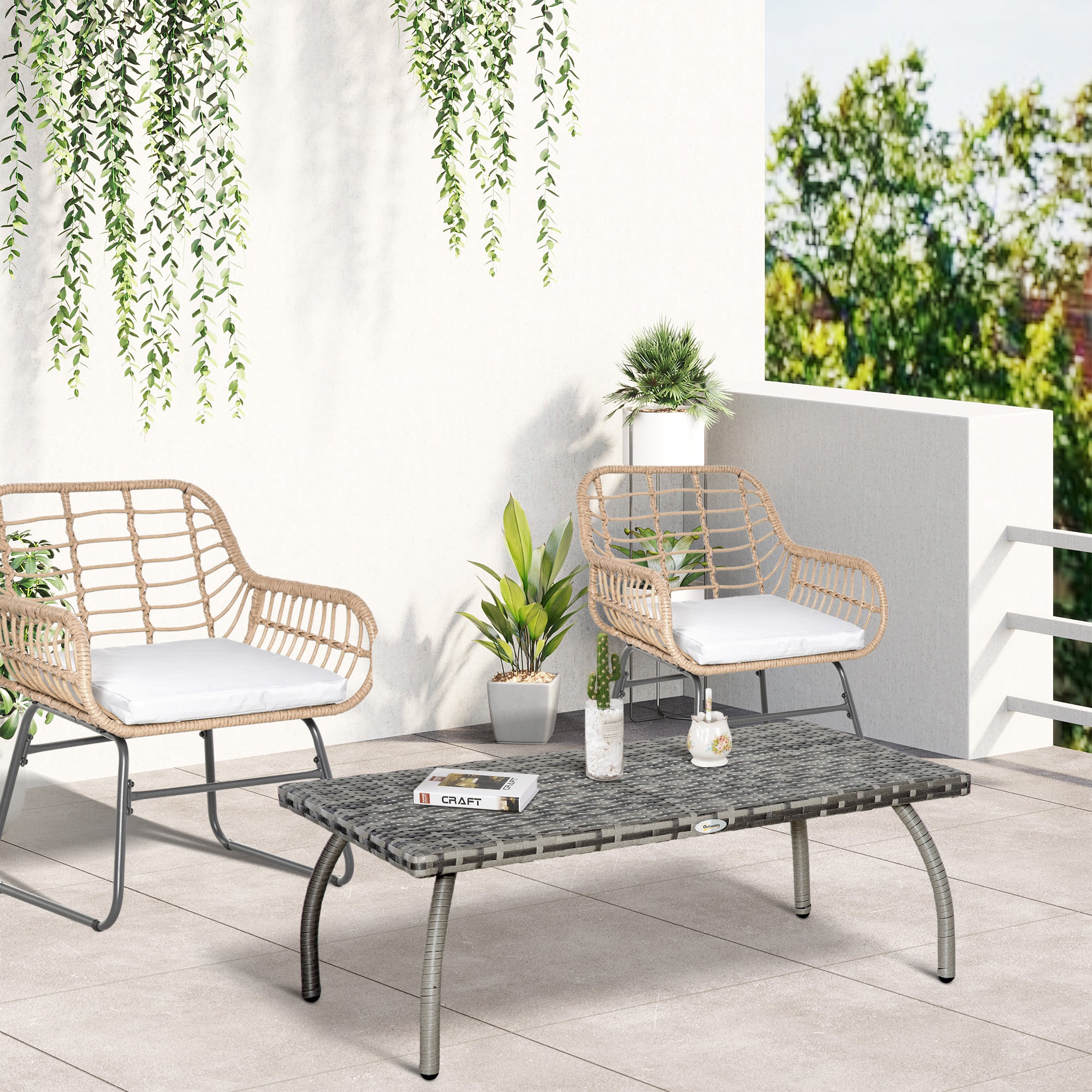 Rattan Coffee Table 90x50x35 cm All-Weather Durable - Grey