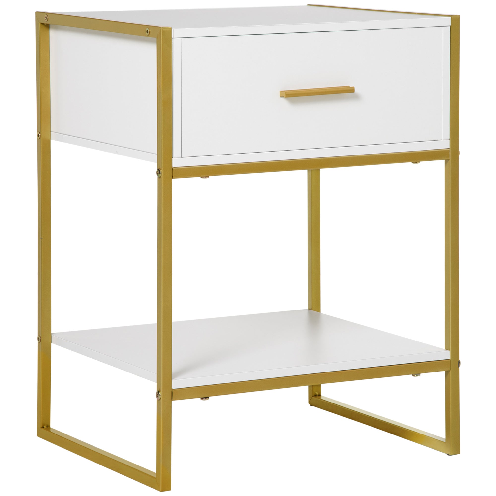 Modern Bedside Table with Drawer and Shelf - White and Gold