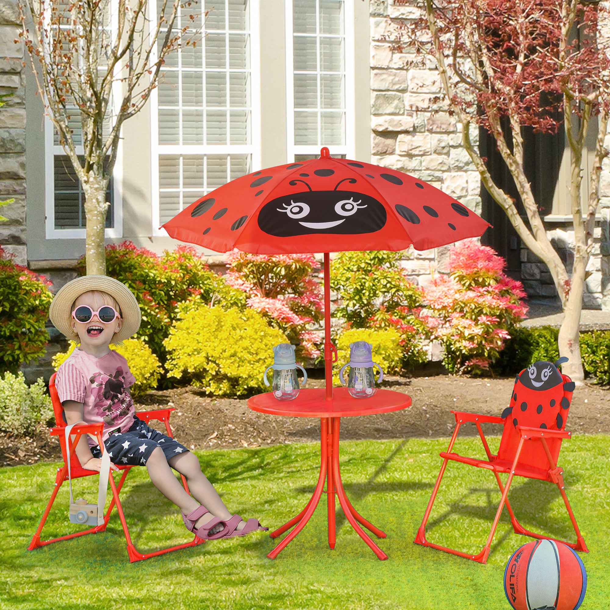 4 Piece Kids Folding Picnic Table and Chairs Set with Parasol - Ladybug Pattern