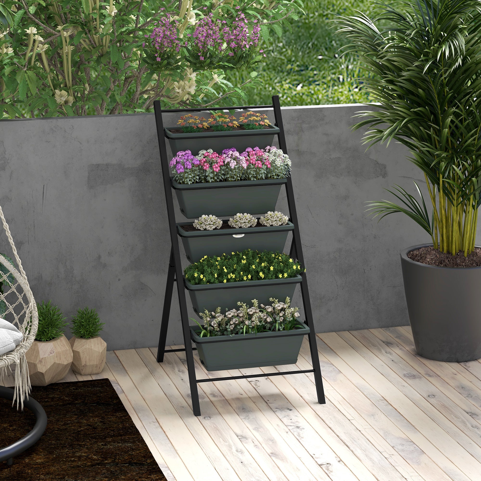 5 Tier Vertical Raised Garden Planter with 5 Grey Containers for Outdoor Growing