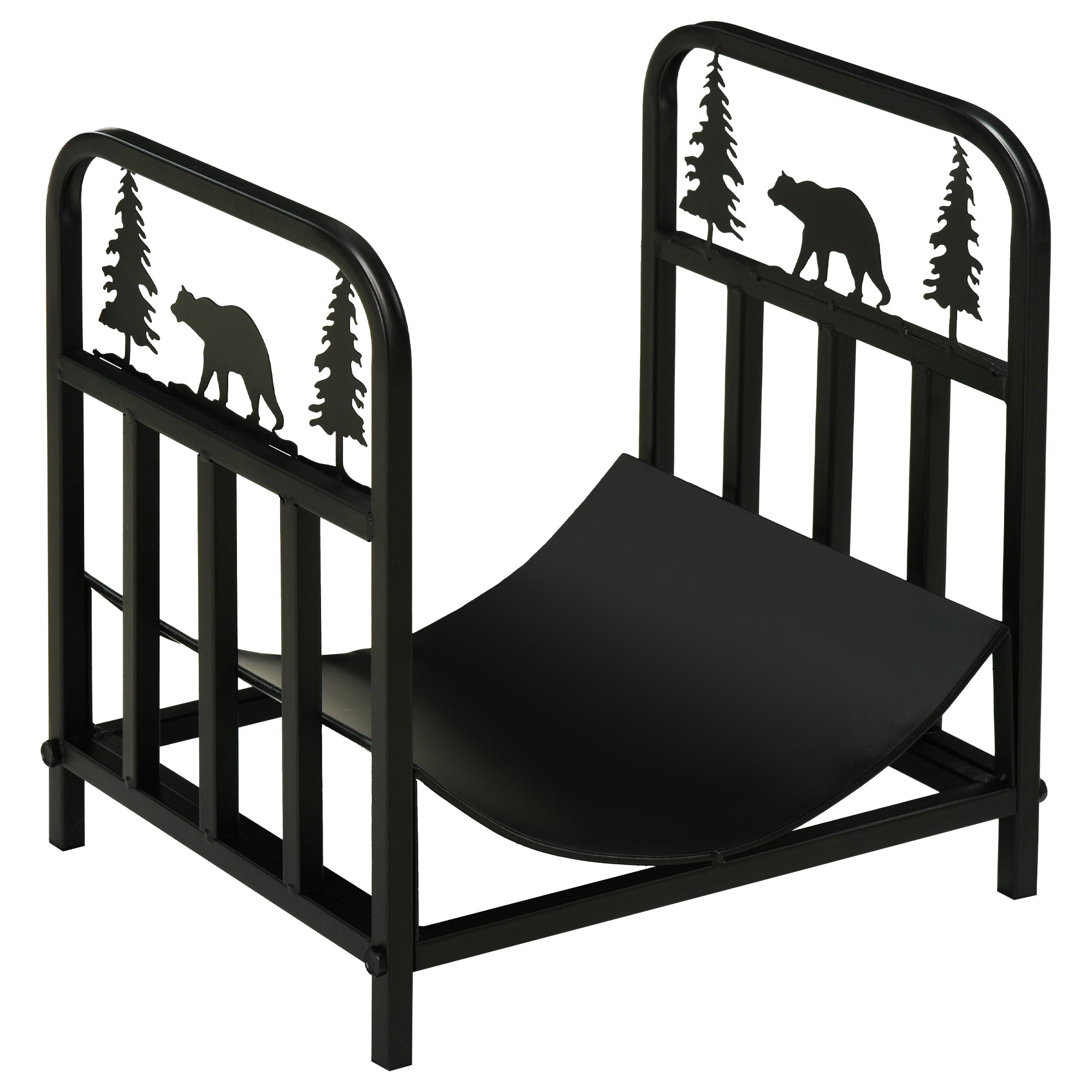Firewood Log Rack with Handles and Bear Design - Black Metal