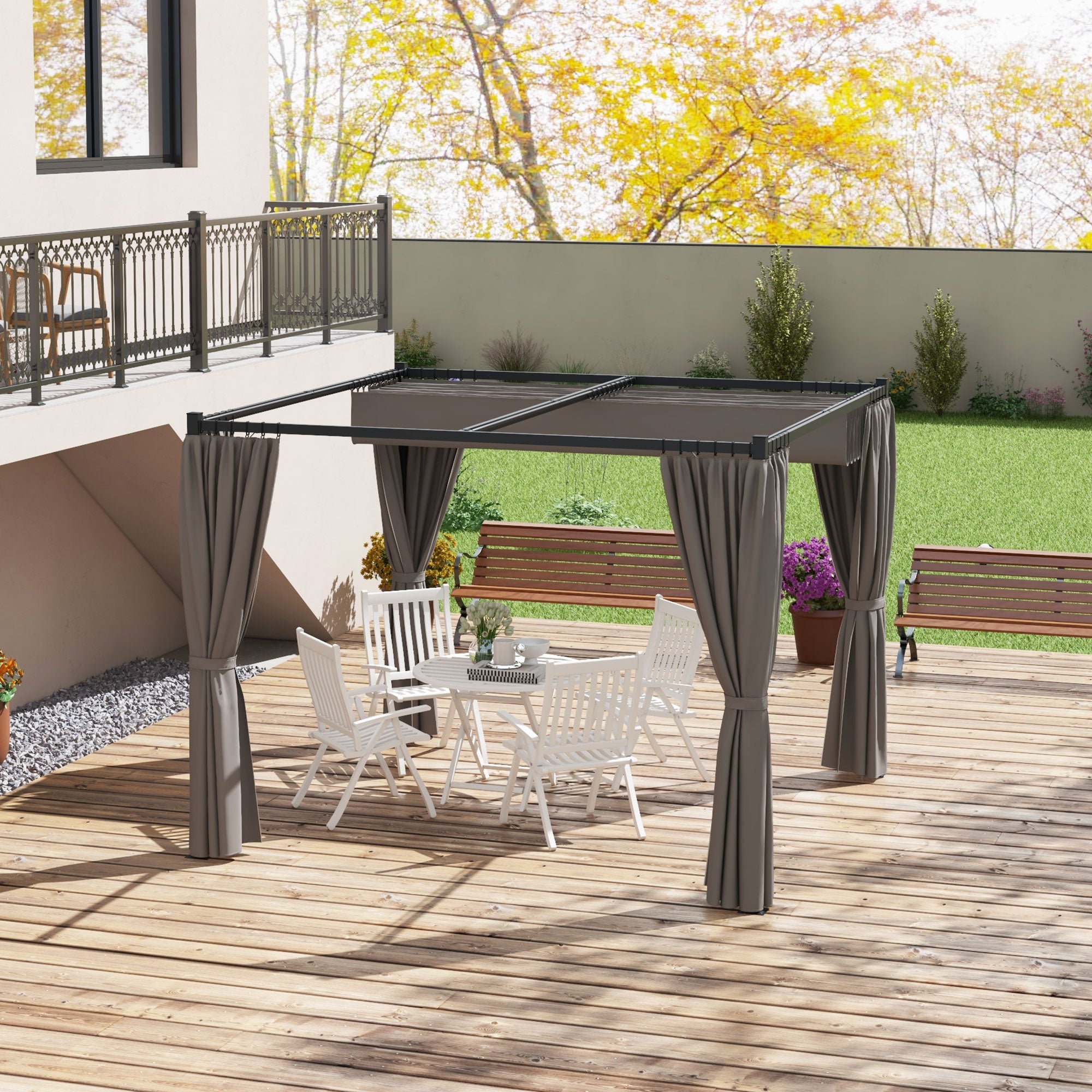 3 x 3 Metre Retractable Pergola with Curtains and Metal Frame - Light Grey