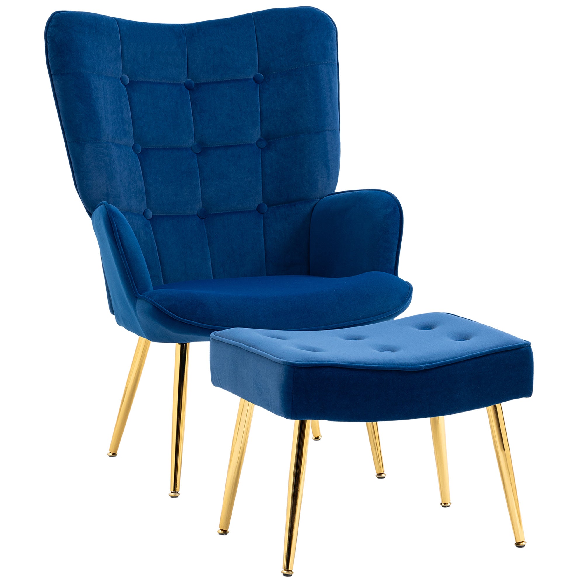 Modern Upholstered Wingback Armchair and Footstool Set - Dark Blue