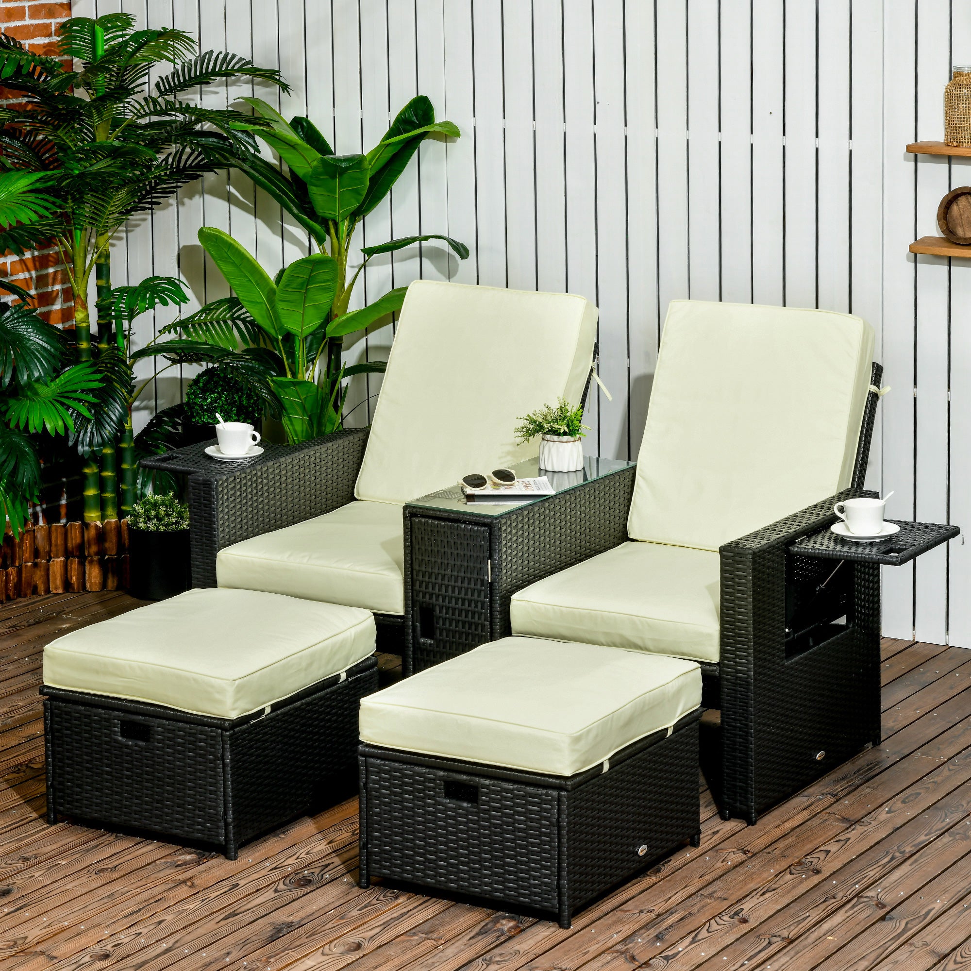 5 Piece PE Rattan Sun Lounger Set with Adjustable Recliners and Side Table - Black