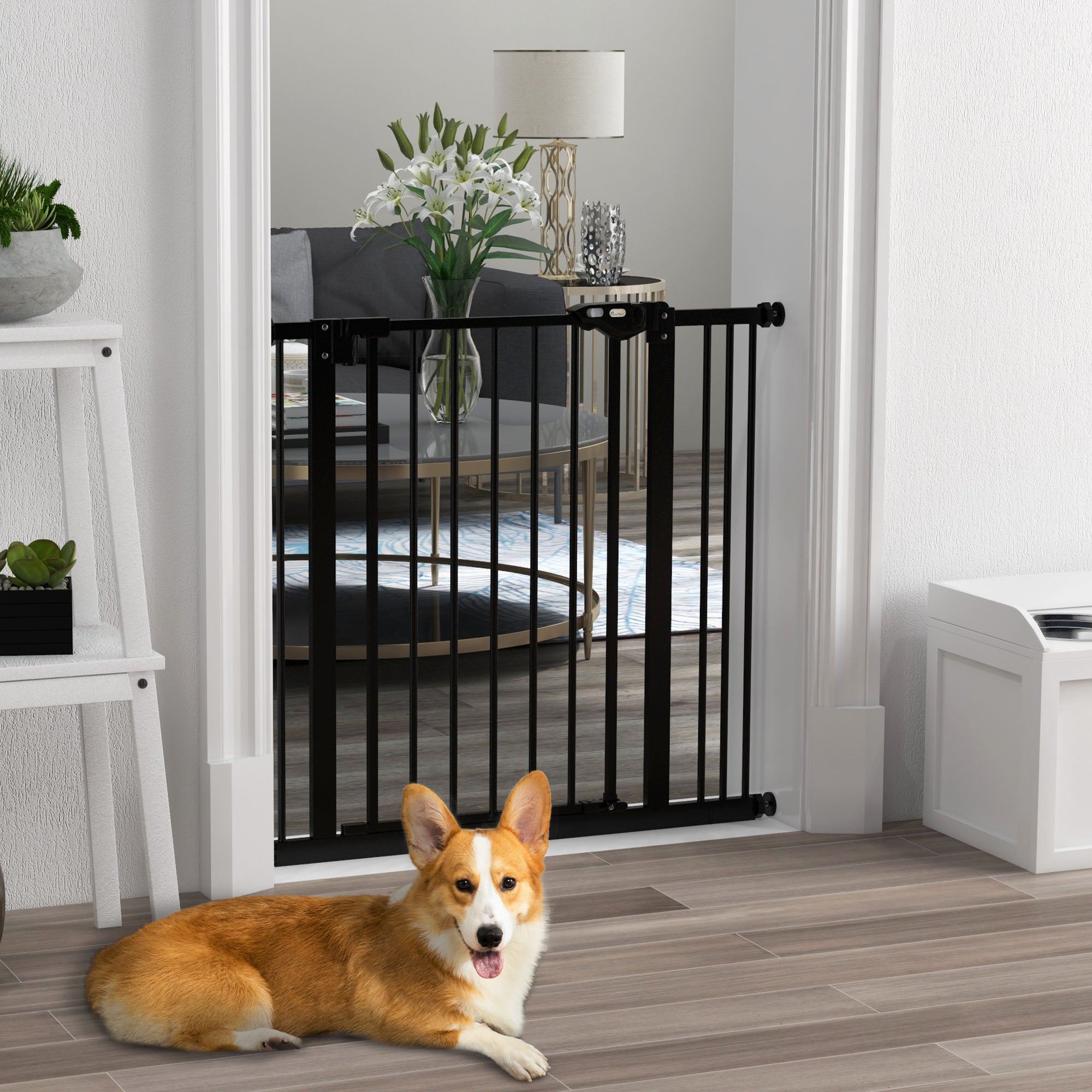 Adjustable Metal Dog Gate 74-87cm Wide with Automatic Closing - Black