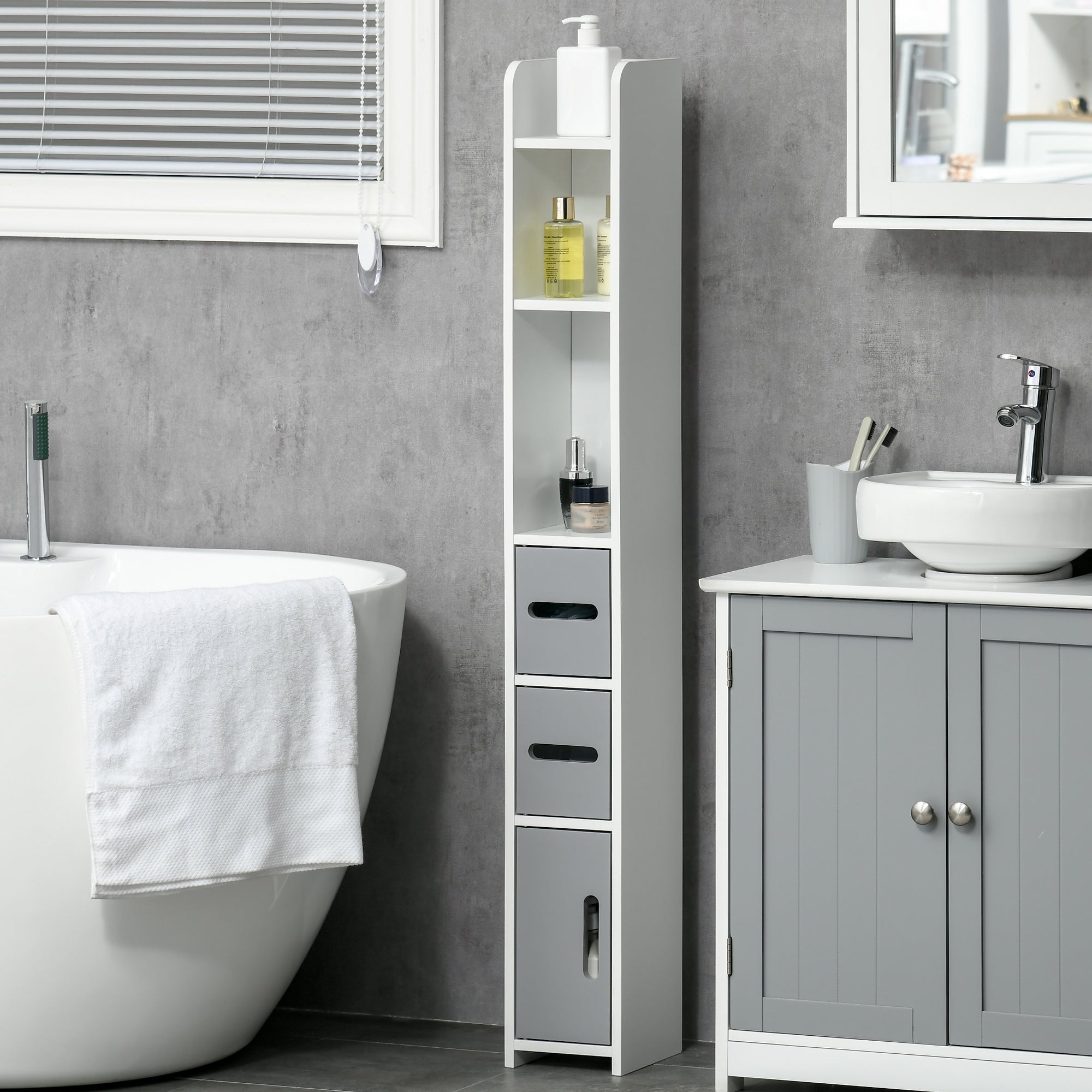 Modern Freestanding Bathroom Storage Cabinet with Open Shelves - Grey
