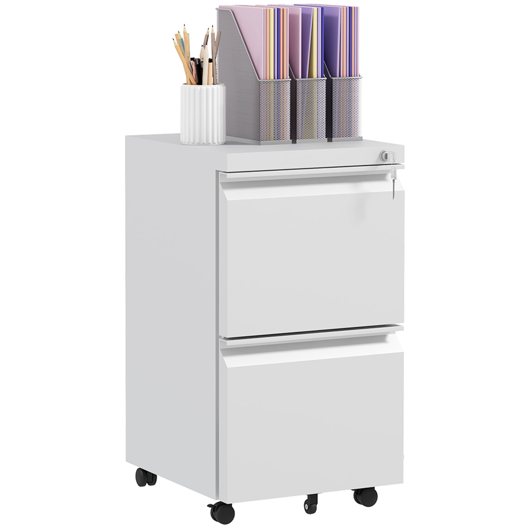 2 Drawer Steel Mobile Filing Cabinet with Lock and Adjustable Hanging Bar - White