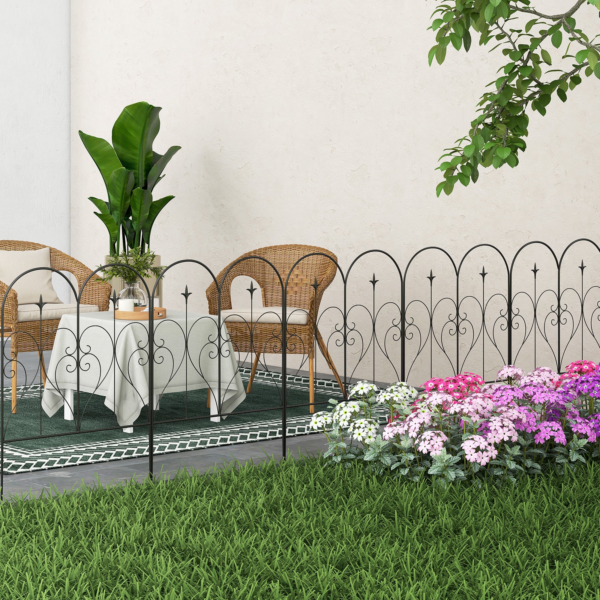 Set of 5 Metal Outdoor Picket Fence Panels with Heart Scrollwork - Black