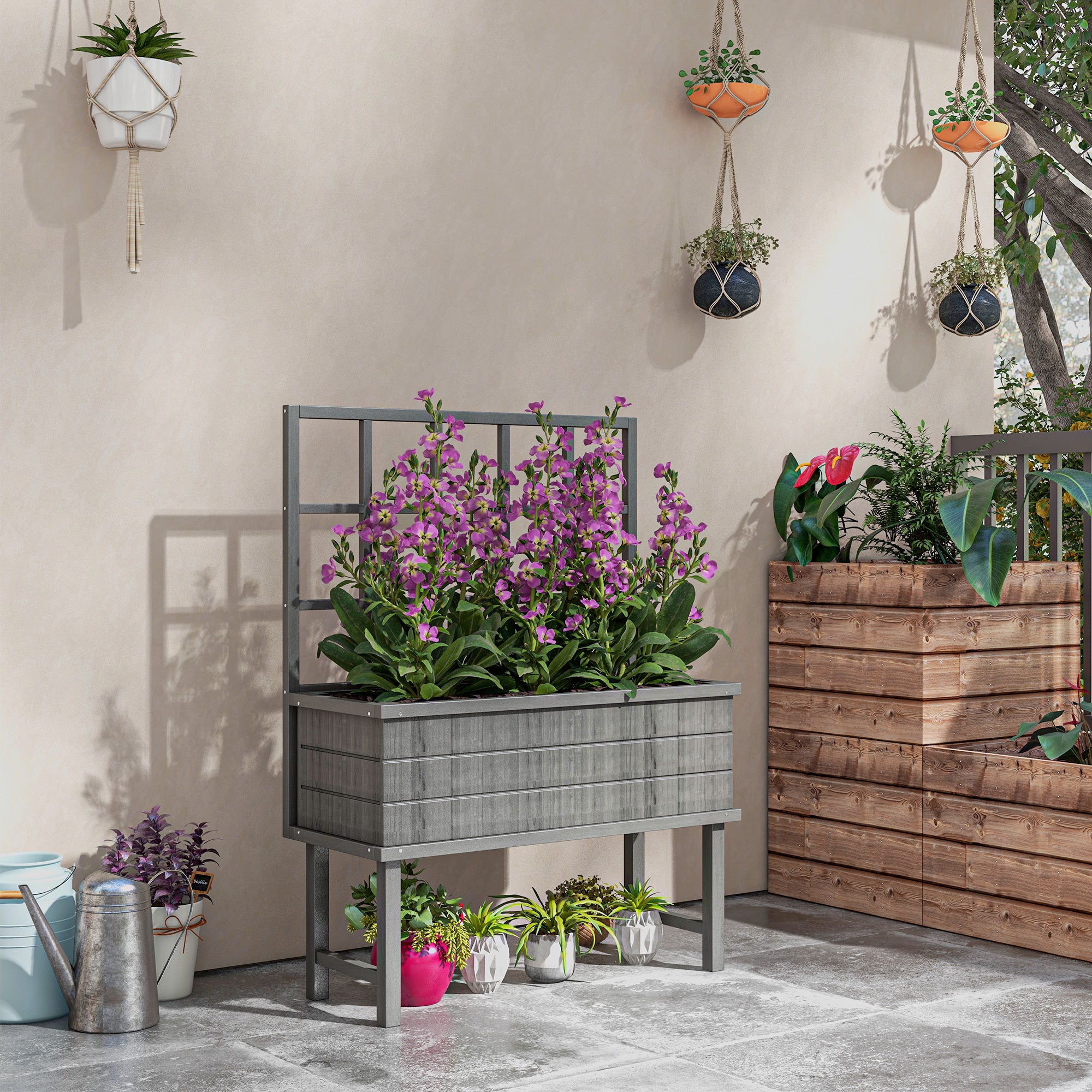 Wooden Raised Planter with Trellis and Drainage Holes, Elevated Garden Bed with Liner - Grey
