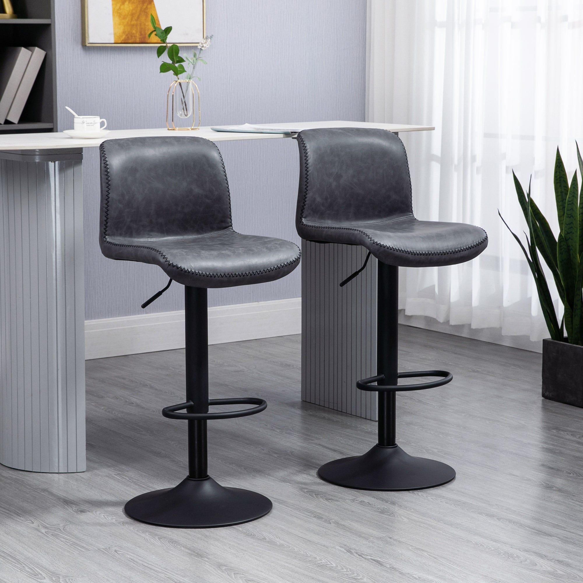 Set of 2 Adjustable Height Swivel Bar Stools with Footrest for Kitchen and Breakfast Bar - Dark Grey