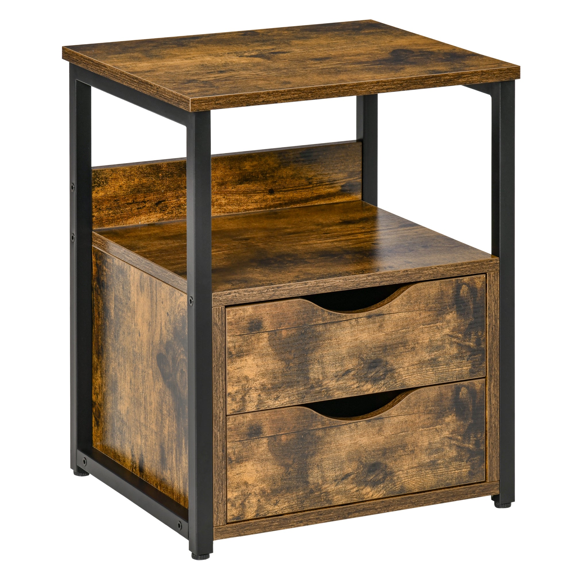 Industrial Side Table with Drawer and Shelf - Rustic Brown
