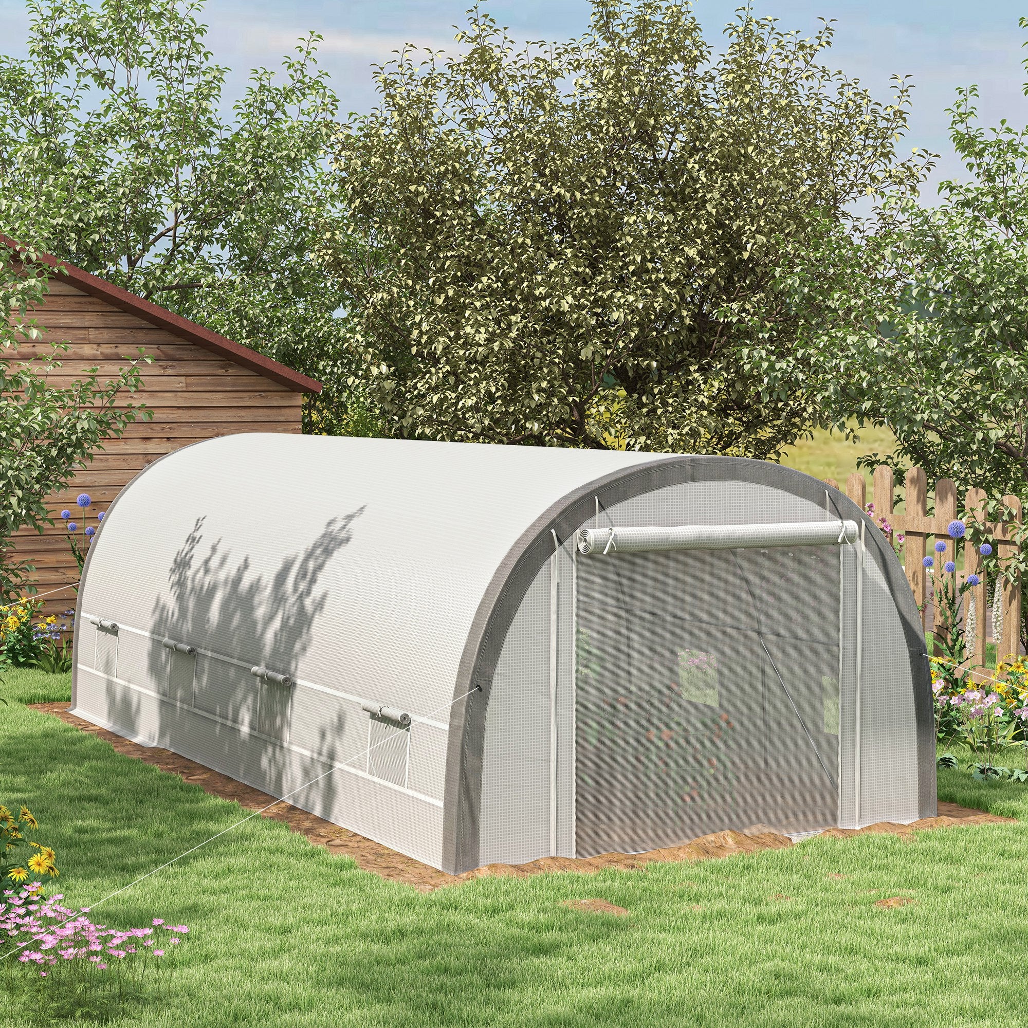 6 x 3 Metre Polytunnel Greenhouse with Steel Frame and Mesh Door White