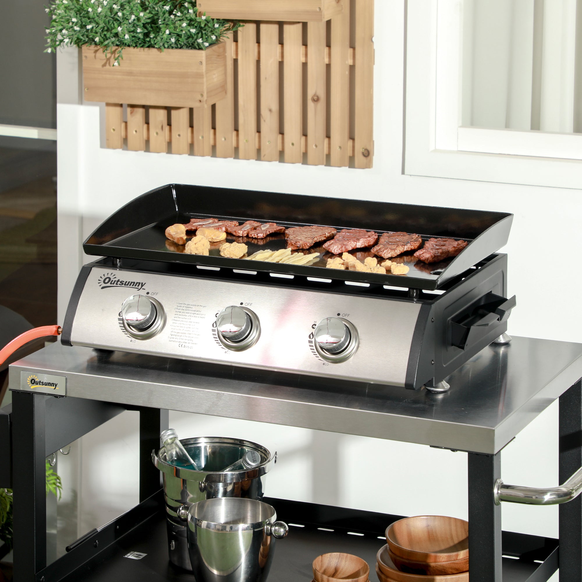 3 Burner Gas Plancha BBQ Grill with Lid - Black