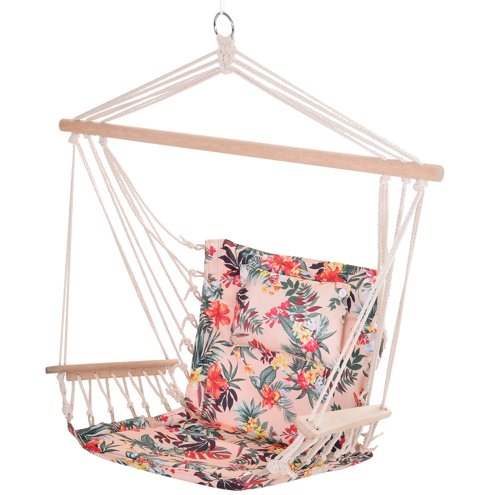 Garden Outdoor Hanging Hammock Chair with Thick Rope, Wooden Arms, Wide Seat - Multicoloured Floral