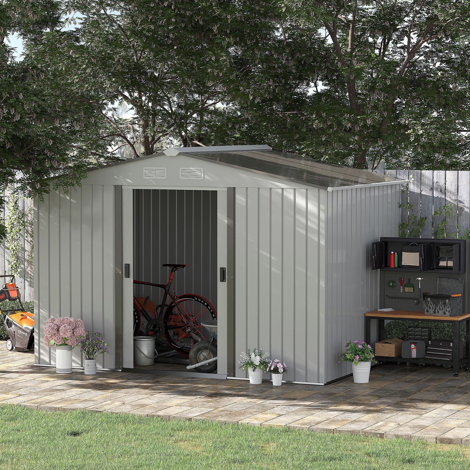 9 x 6ft Metal Garden Storage Shed with Floor and Ventilation - Grey