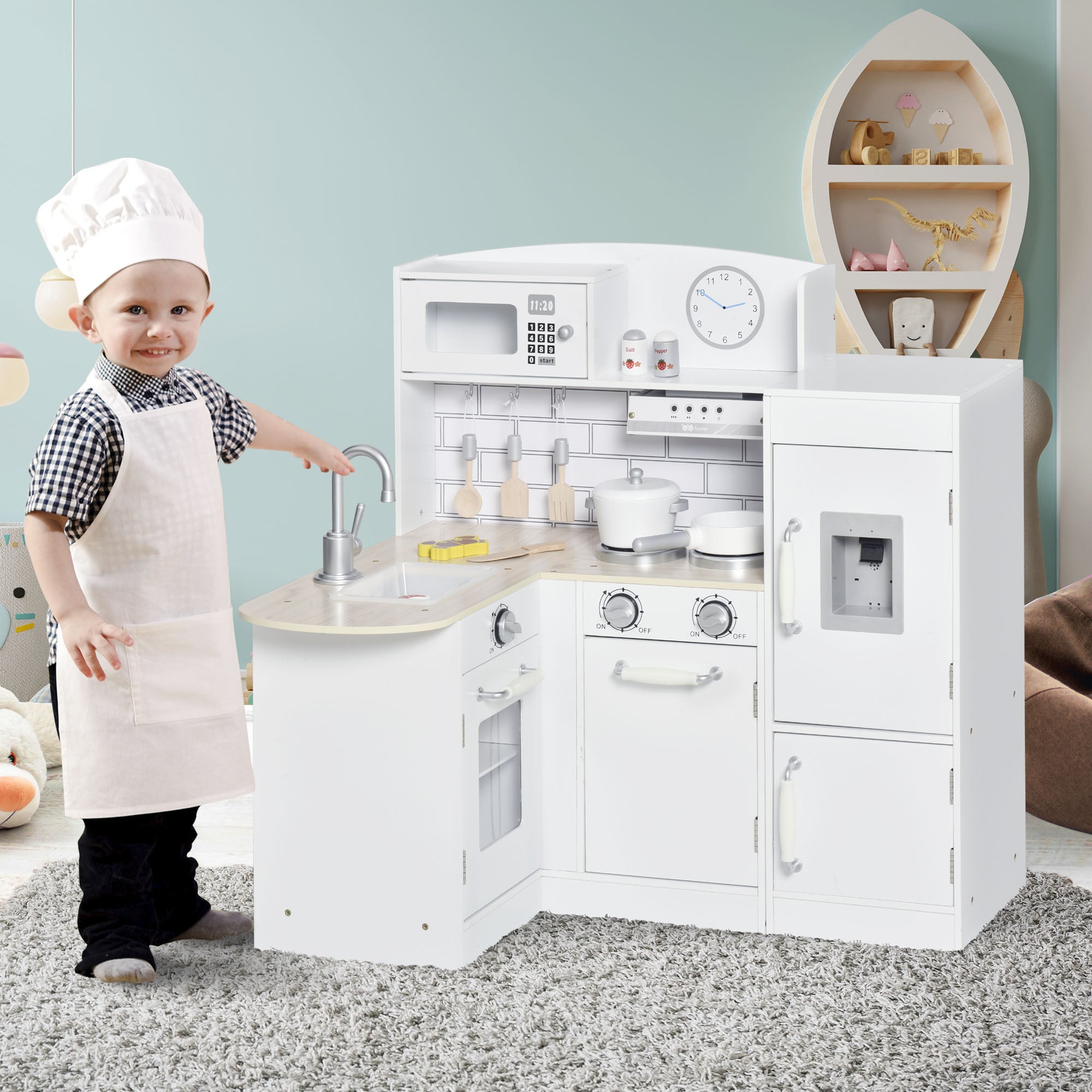 14 Piece Wooden Kids Play Kitchen Set with Fridge and Microwave White