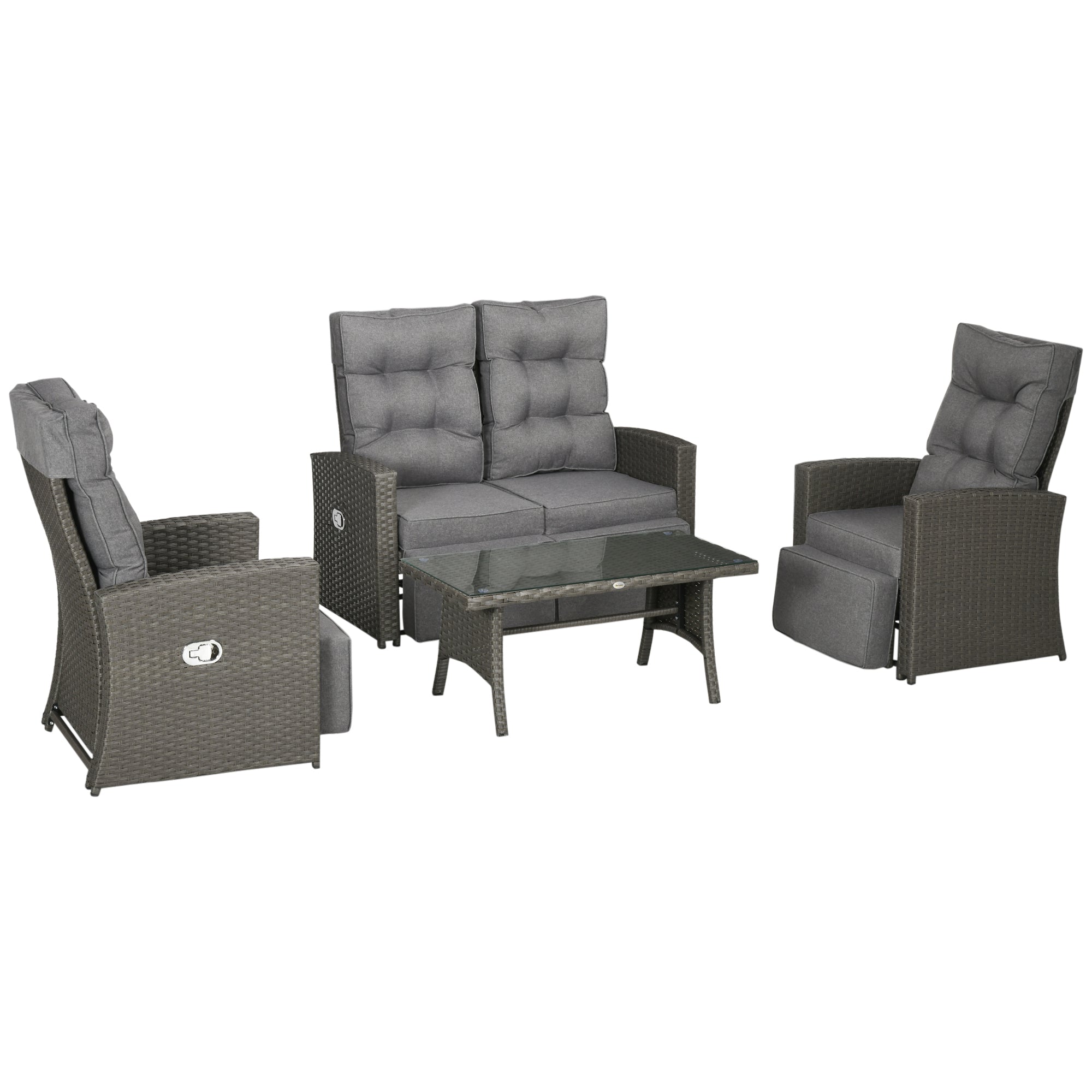 4 Piece 4 Seater Rattan Garden Furniture Set with Reclining Armchairs and Glass Table - Grey