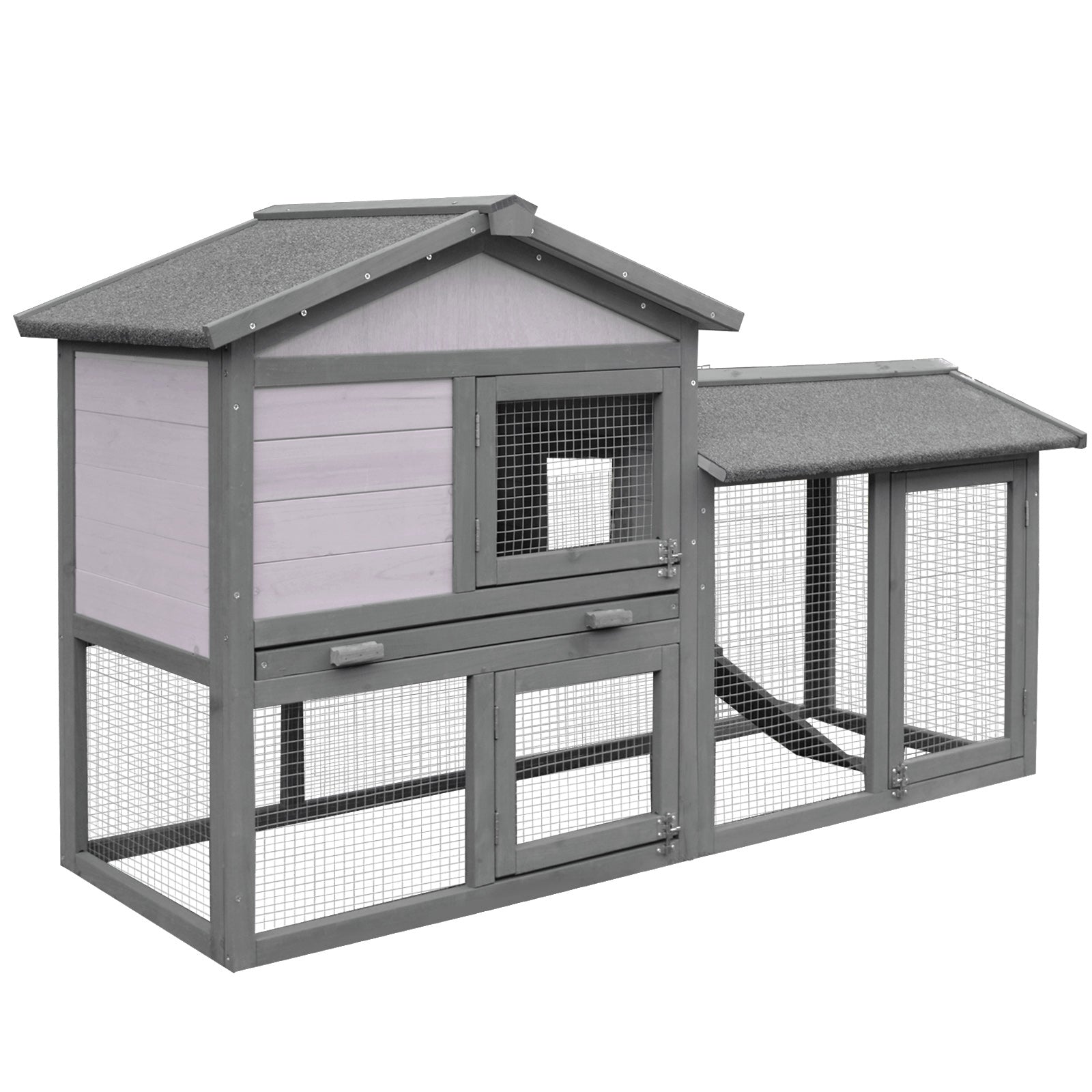 Wooden Double Tier Rabbit Guinea Pig Hutch with Water Resistant Roof and Ramp 147x54x84 cm - Grey