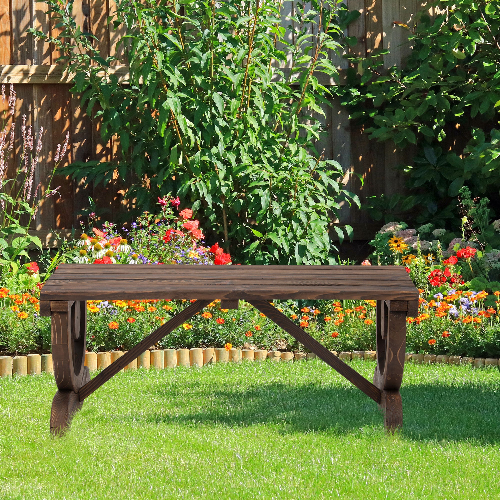 Rustic Garden Wooden 2-Person Bench with Wagon Wheel Legs and Slatted Seat - Brown
