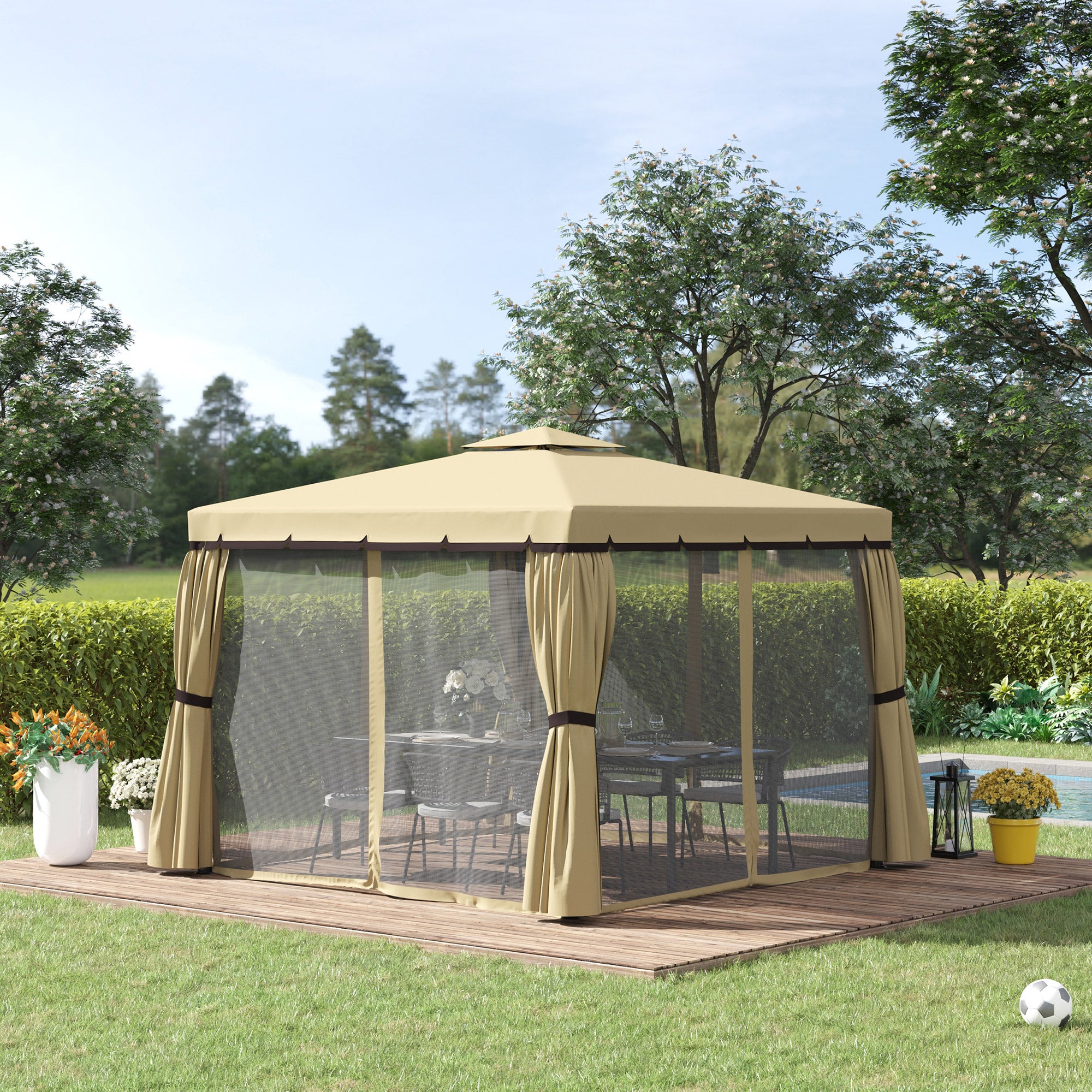 3 x 3 Metre Garden Gazebo Tent with Water Repellent Roof and Mosquito Netting Beige