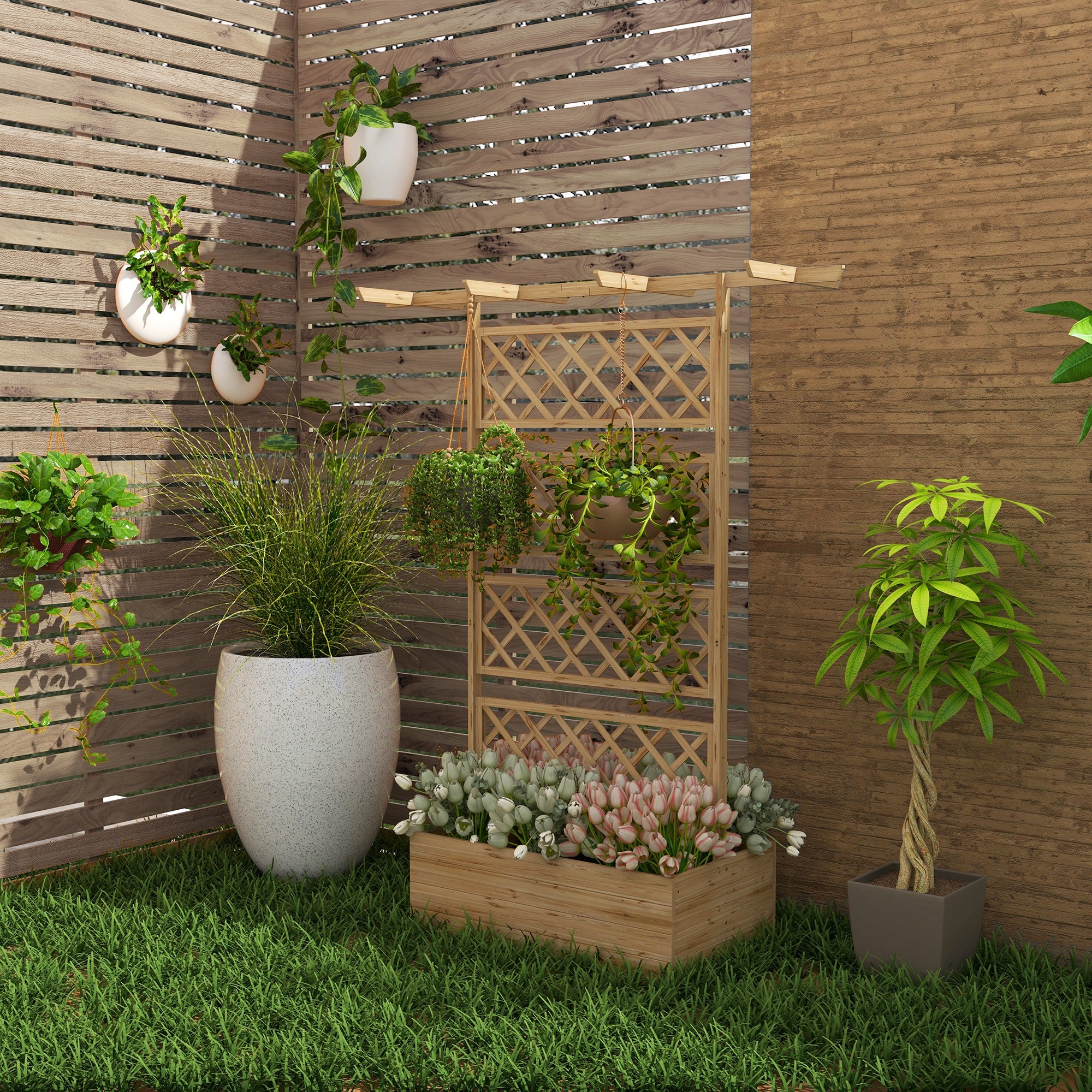 Wooden Raised Garden Bed with Trellis and Roof - Natural Tone