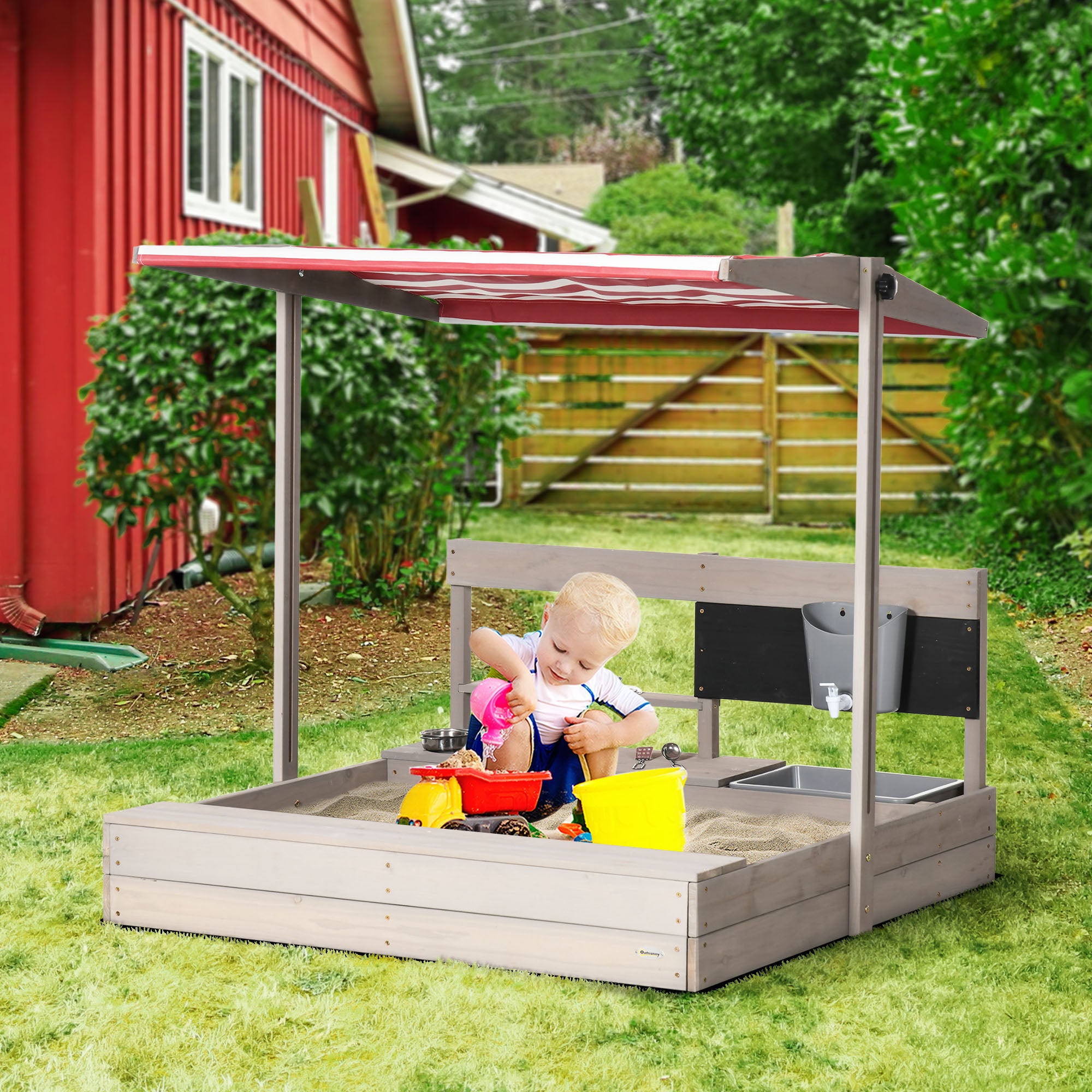 Kids Wooden Sandbox with Adjustable Canopy and Storage Seat - Outdoor Playset