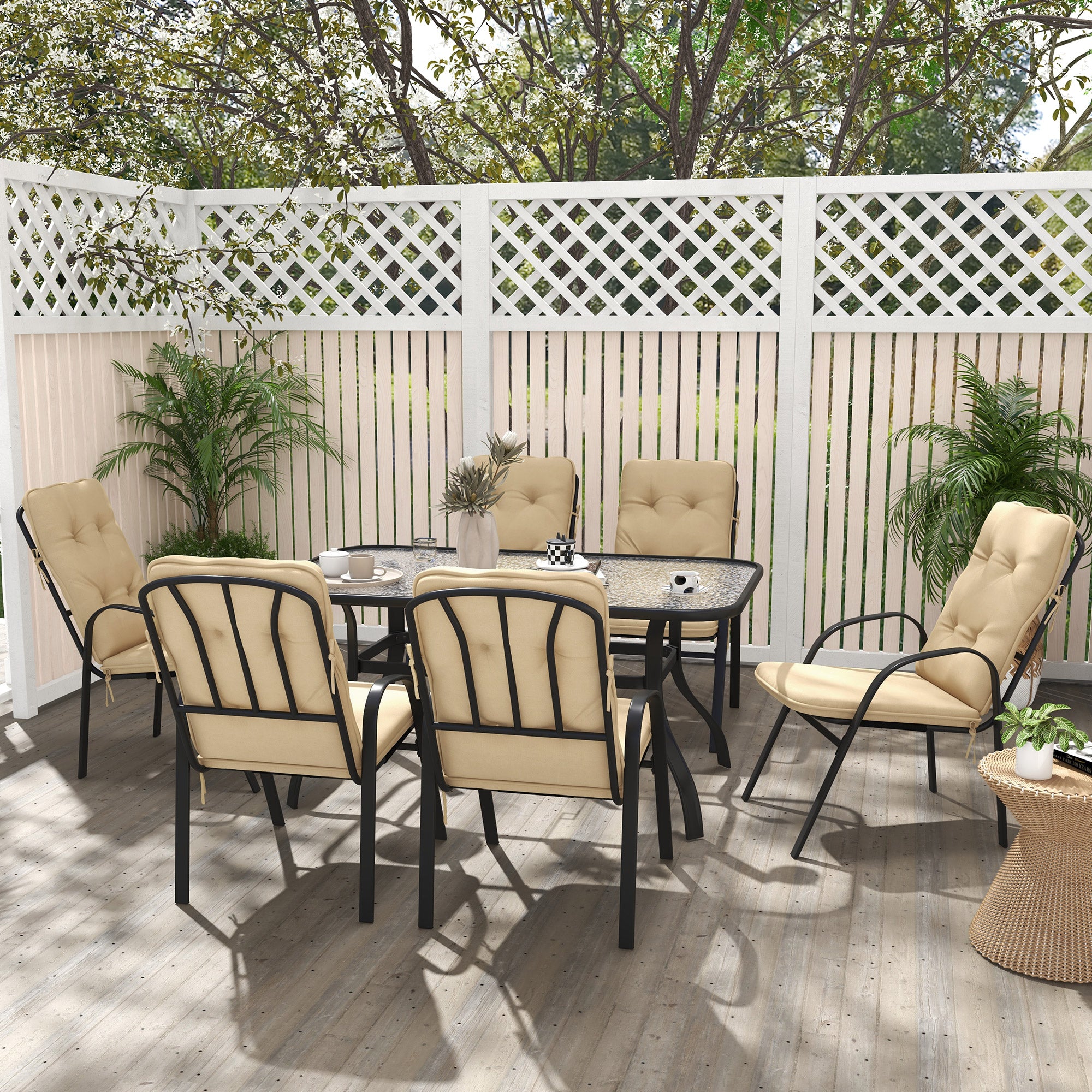 7 Piece Garden Dining Set with Cushioned Armchairs and Tempered Glass Table Beige